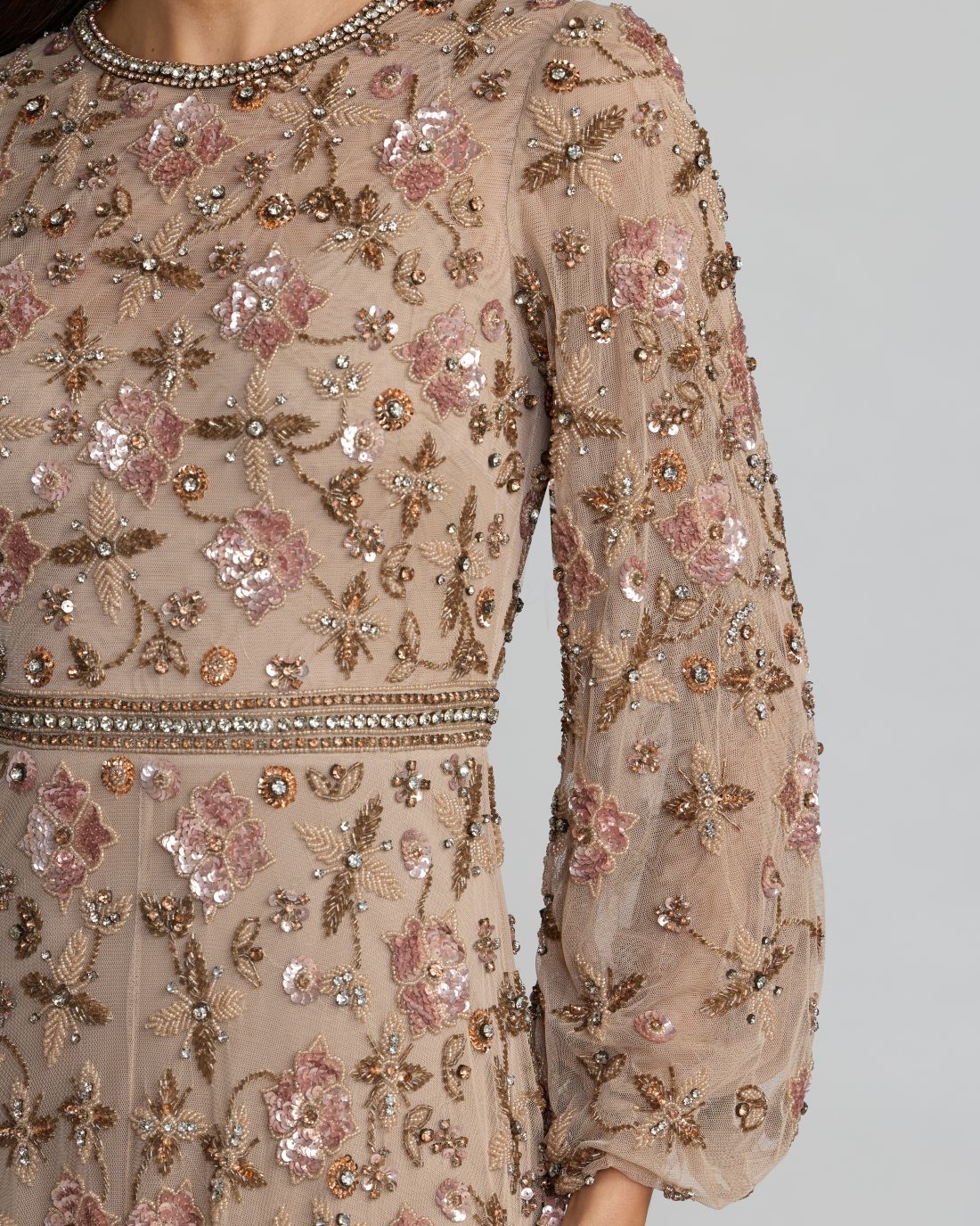 Beige Crystal Beaded Floral Bishop Sleeve Gown - Special Events Unlimited