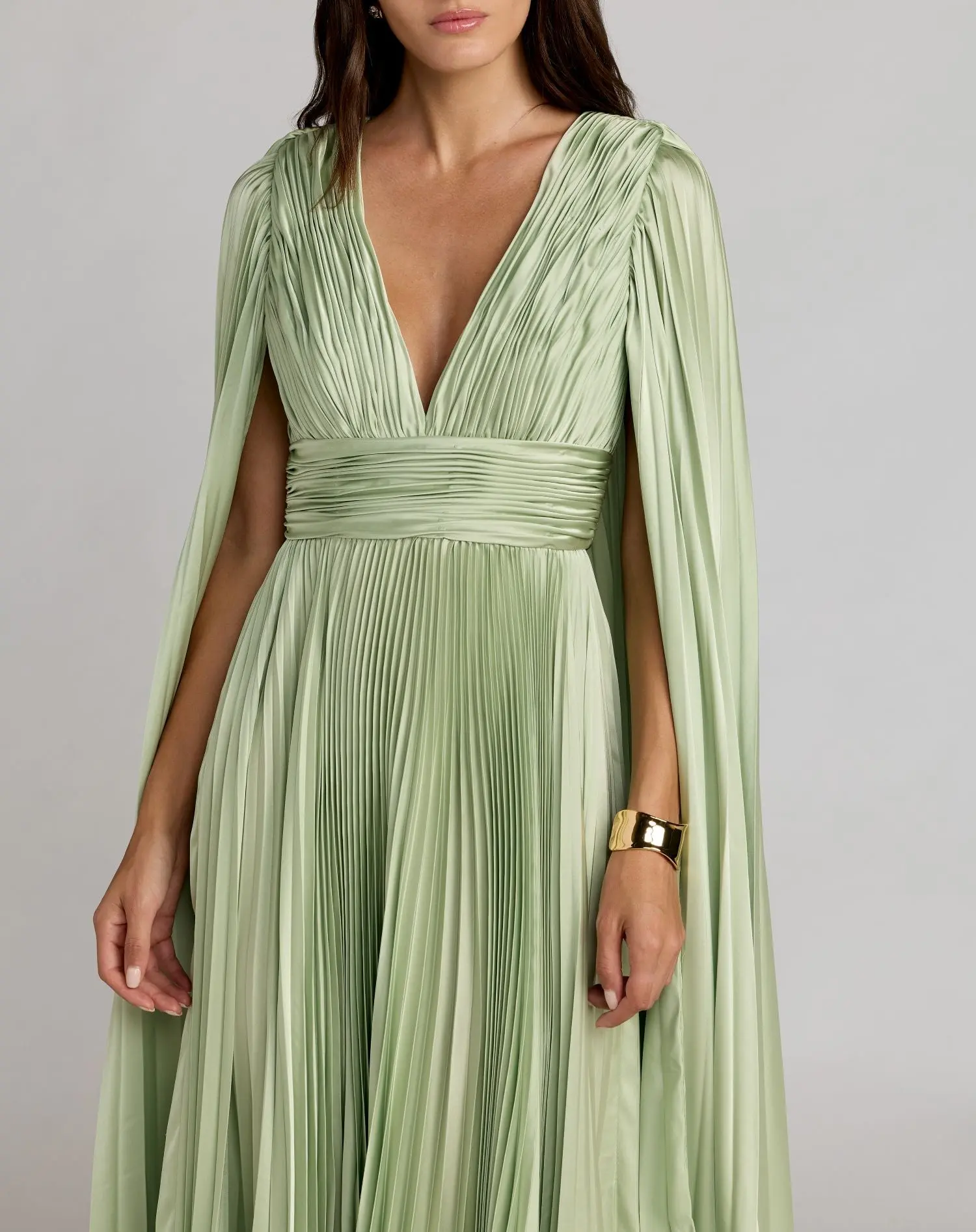Light Green Pleated Charmeuse V Neck Gown With Cape - Special Events Unlimited
