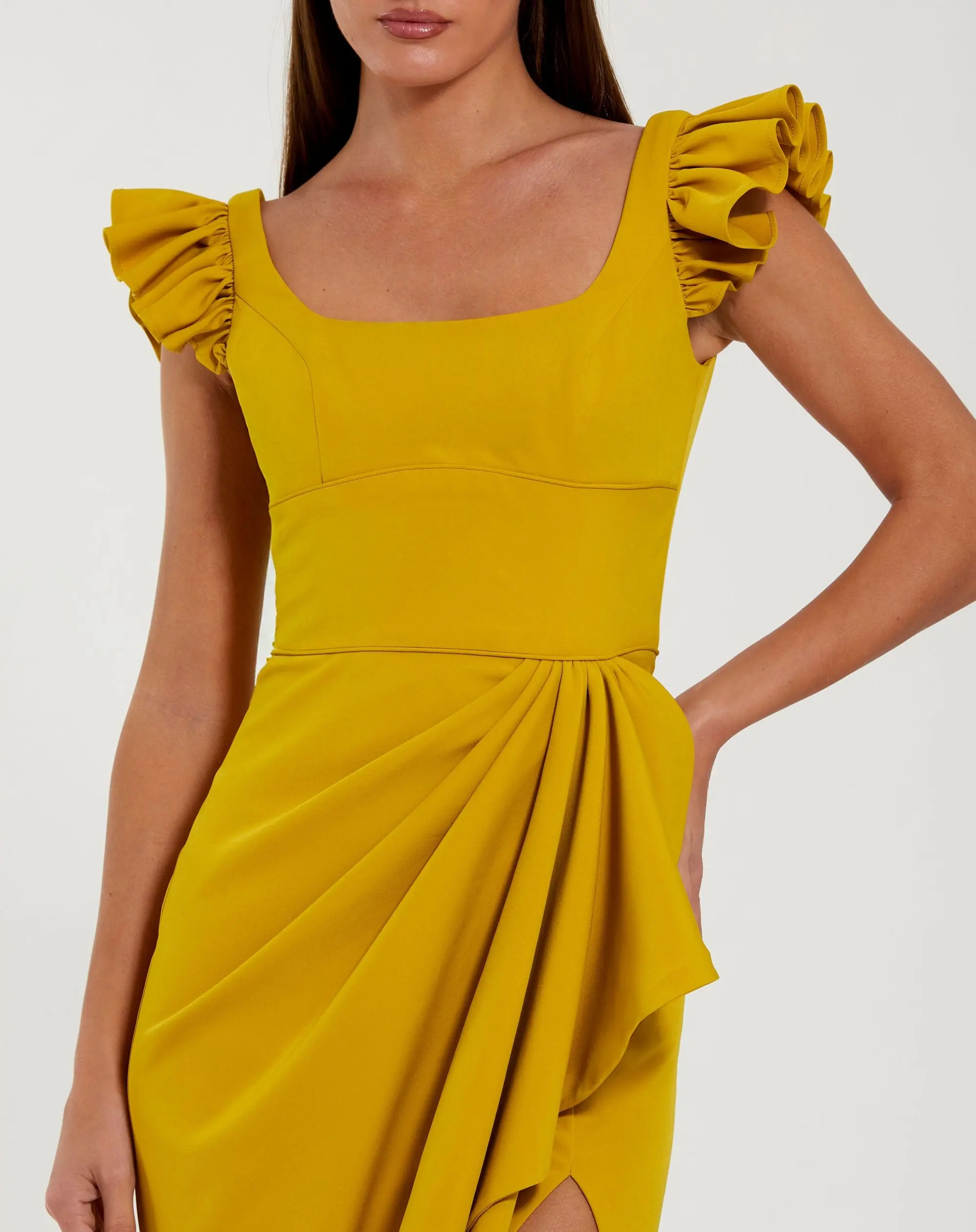 Yellow Square Neck Ruffle Slit Gown - Special Events Unlimited