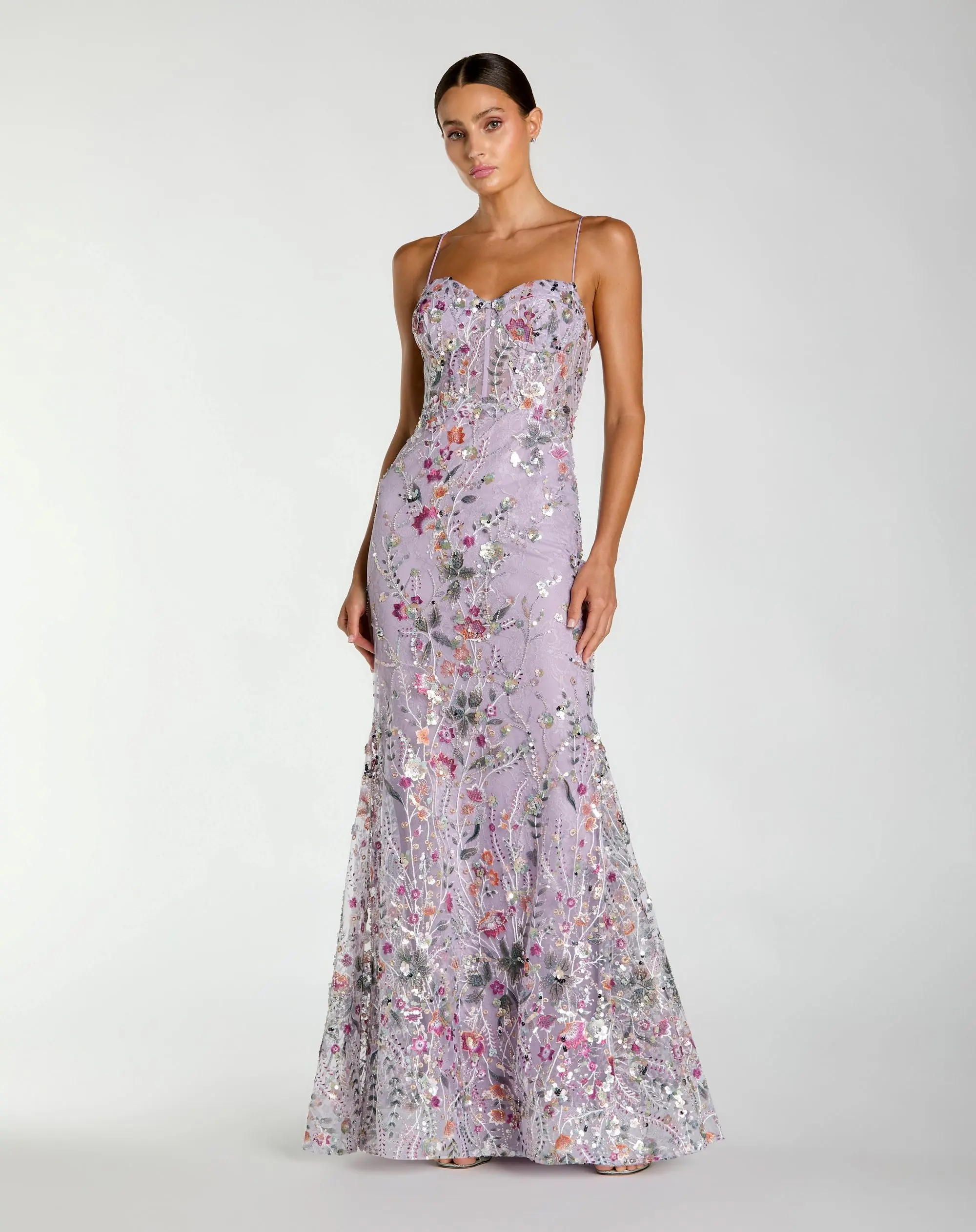Purple Spaghetti Strap Floral Embroidered Trumpet Gown - Special Events Unlimited