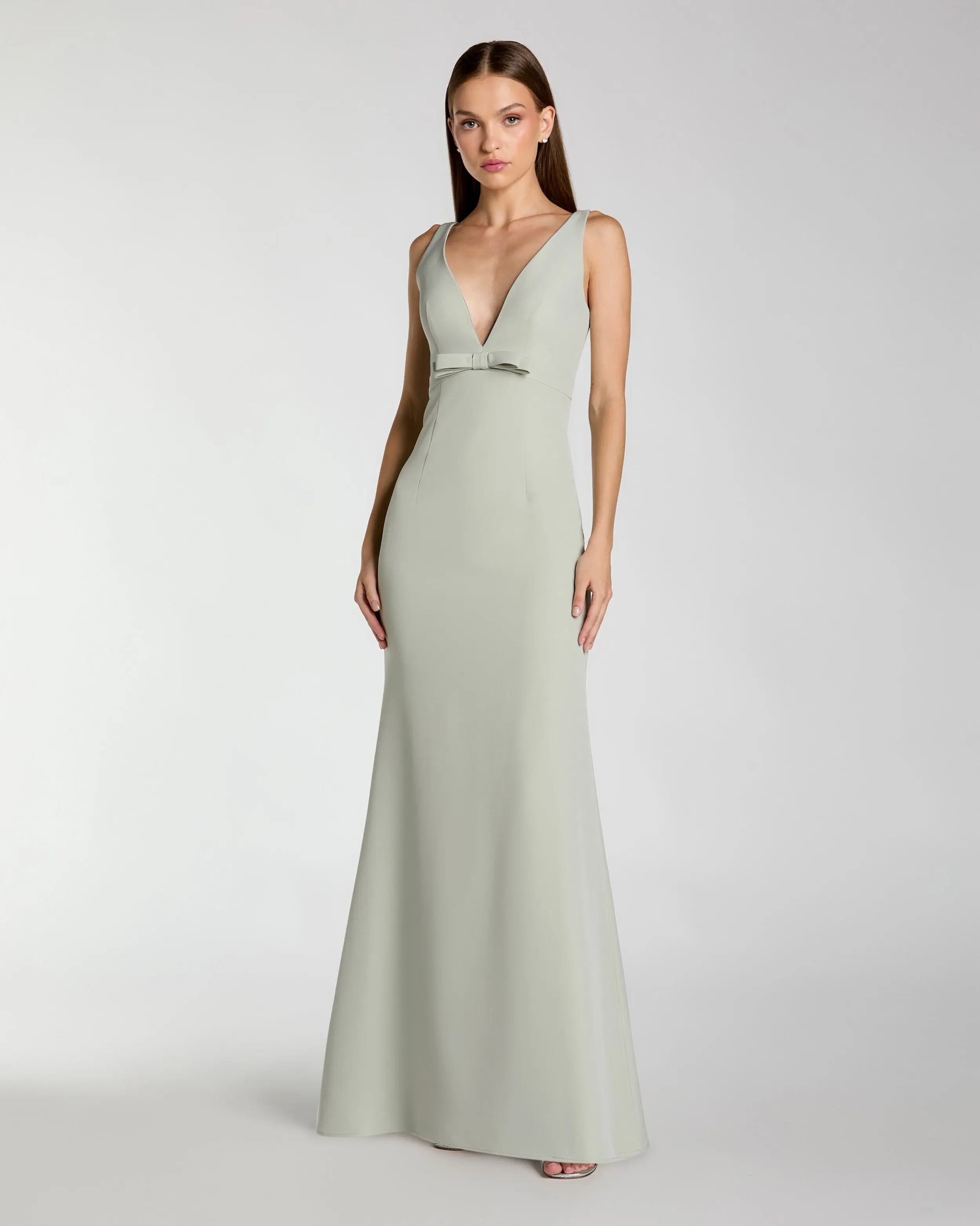 Light Green Crepe V-Neck Mermaid Gown with Bow - Special Events Unlimited