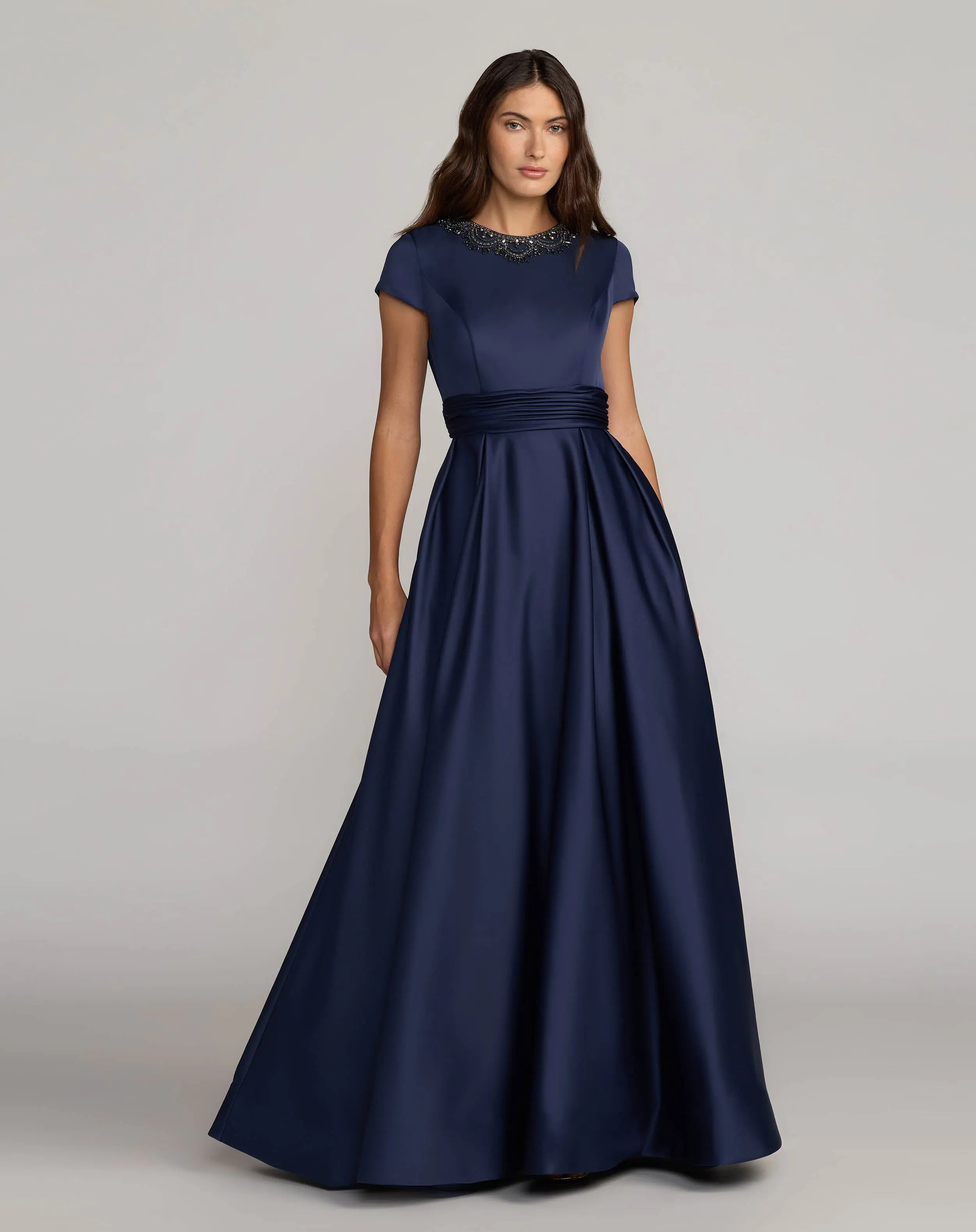 Navy Embellished Satin Cap Sleeve Ball Gown - Special Events Unlimited