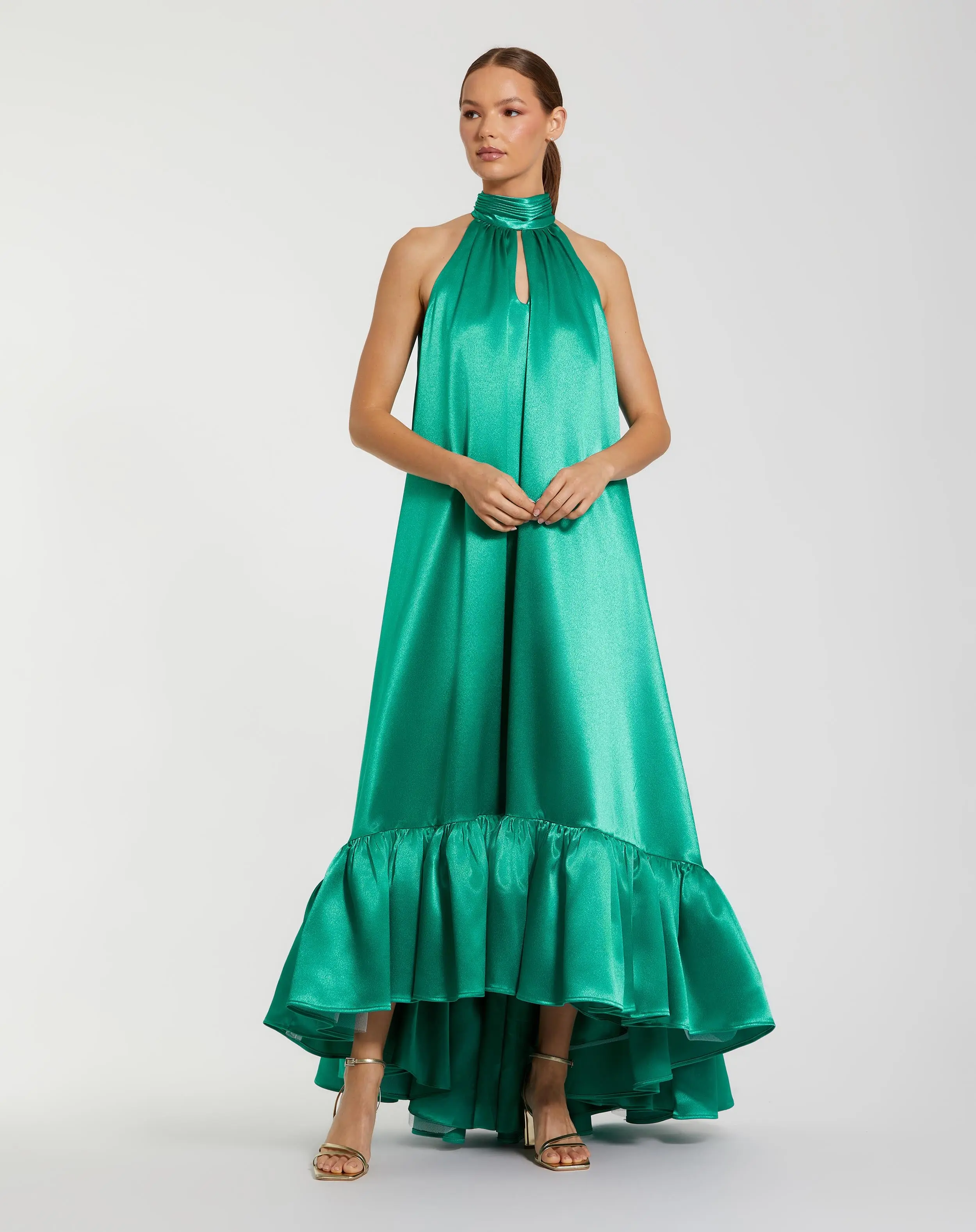Green Charmeuse Halter High Low Gown - Special Events Unlimited