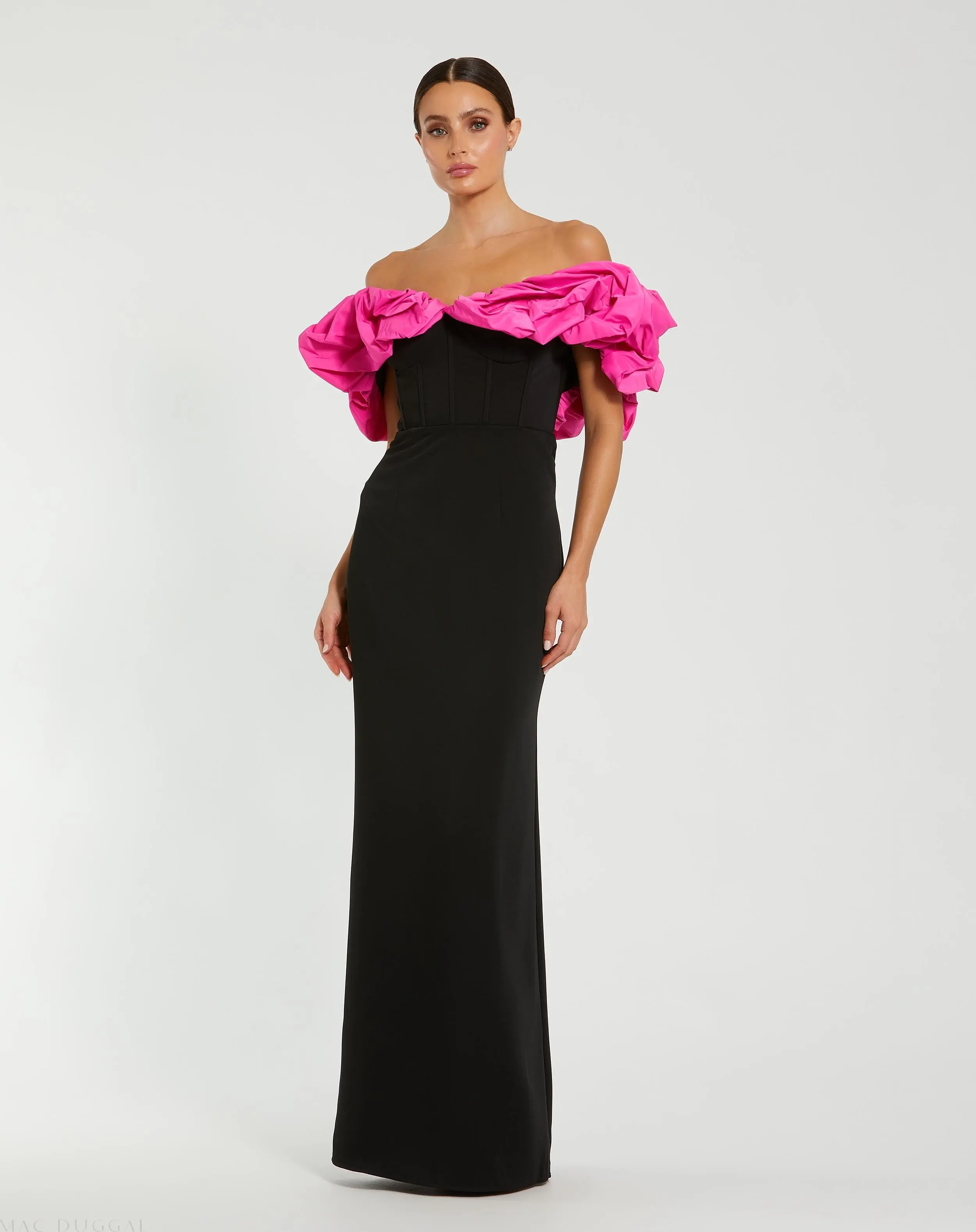 Black Crepe & Faille Off The Shoulder Gown - Special Events Unlimited