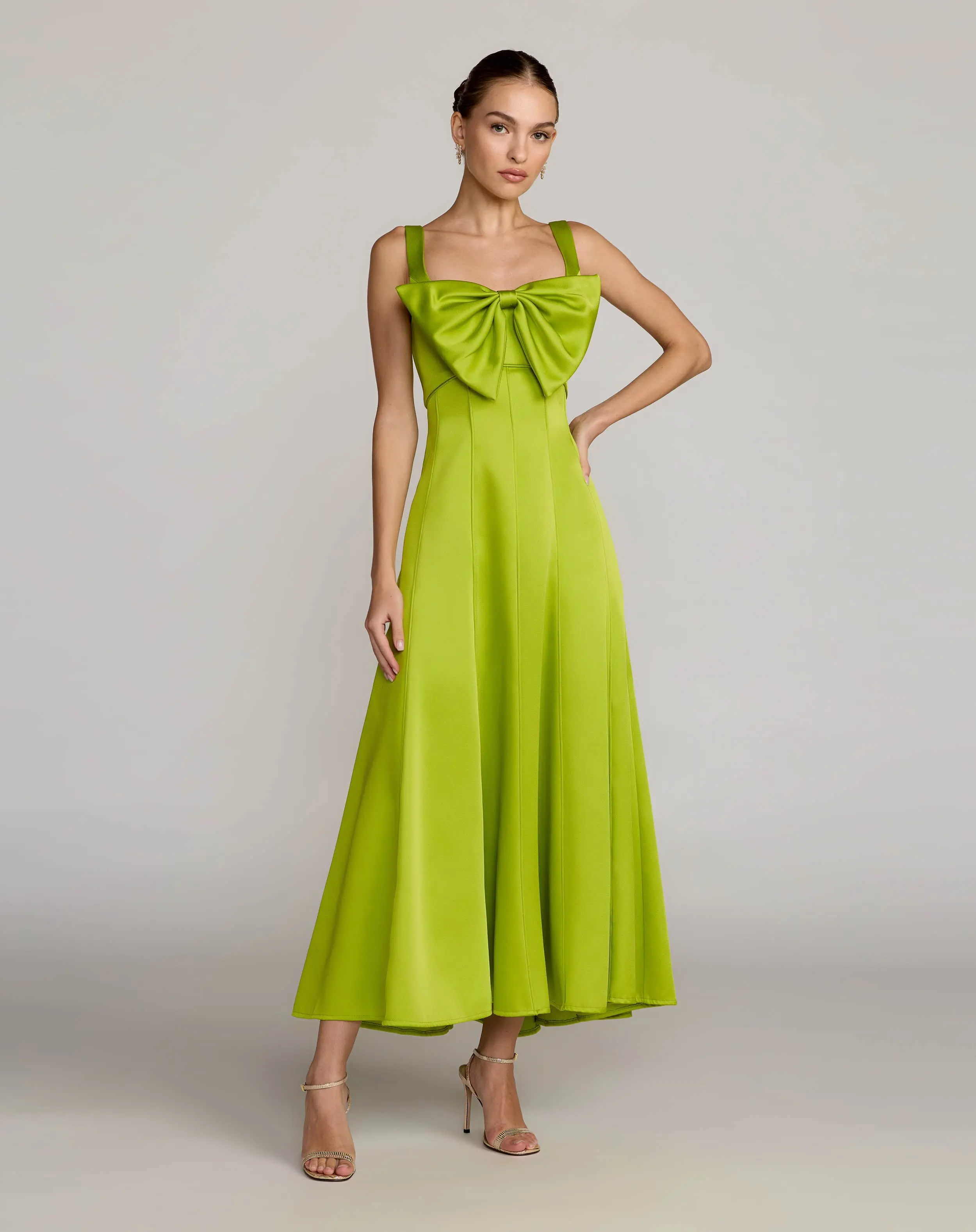 Green Sleeveless Satin Midi Dress With Bow Detail - Special Events Unlimited