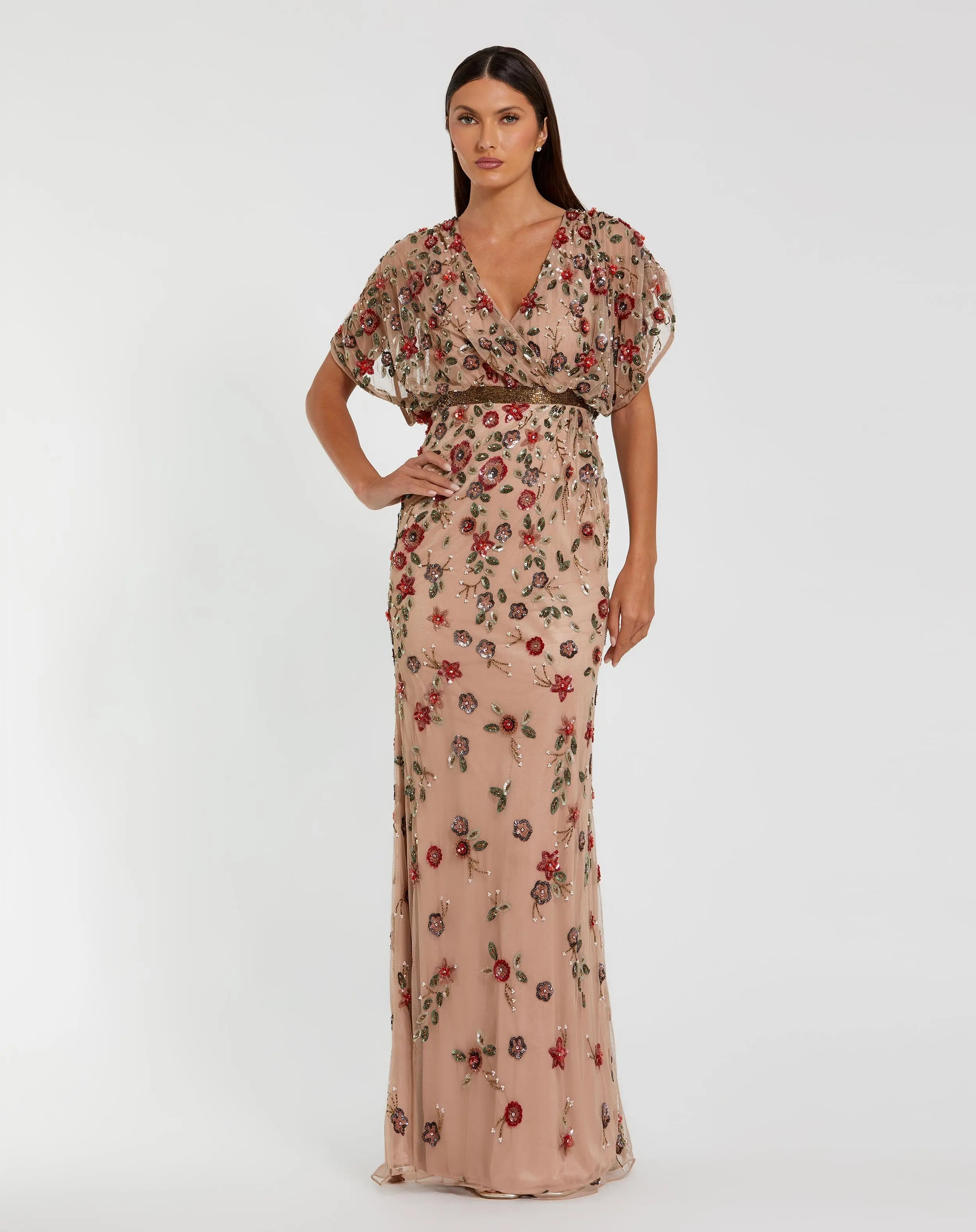 Beige Floral Embellished Short Sleeve Blouson Gown - Special Events Unlimited
