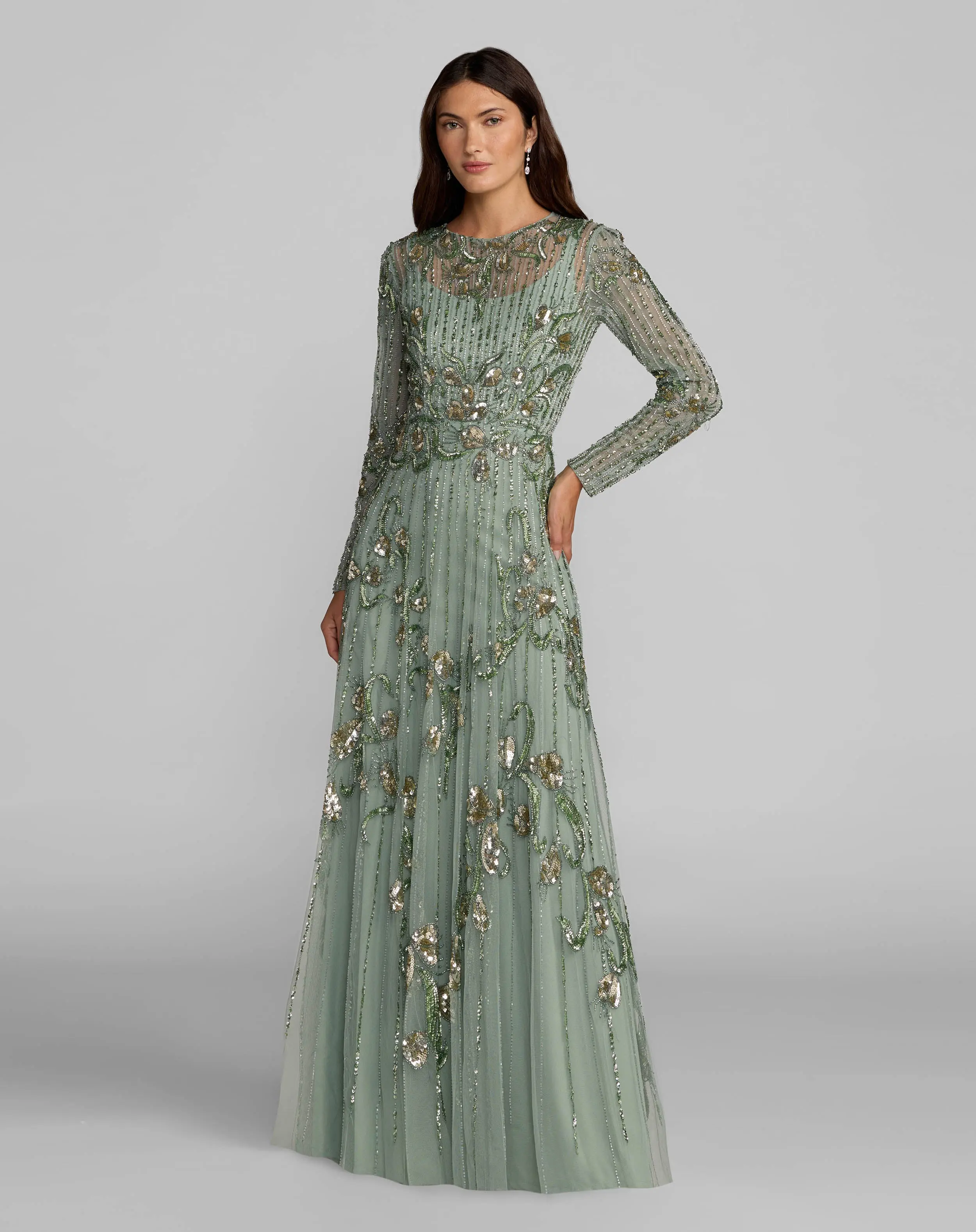 Green Beaded Long Sleeve A Line Gown - Special Events Unlimited