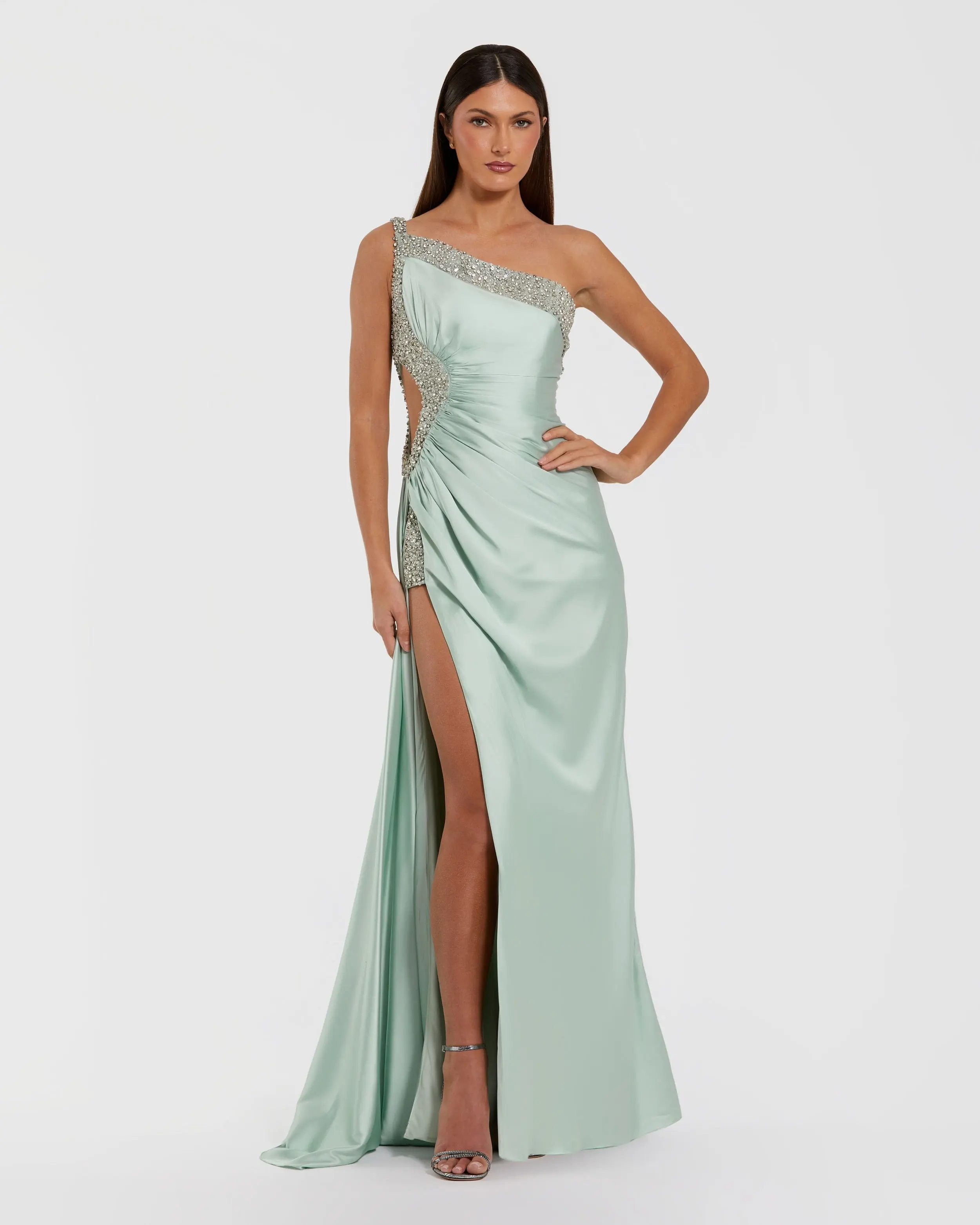 Green Embellished One Shoulder Satin Gown - Special Events Unlimited