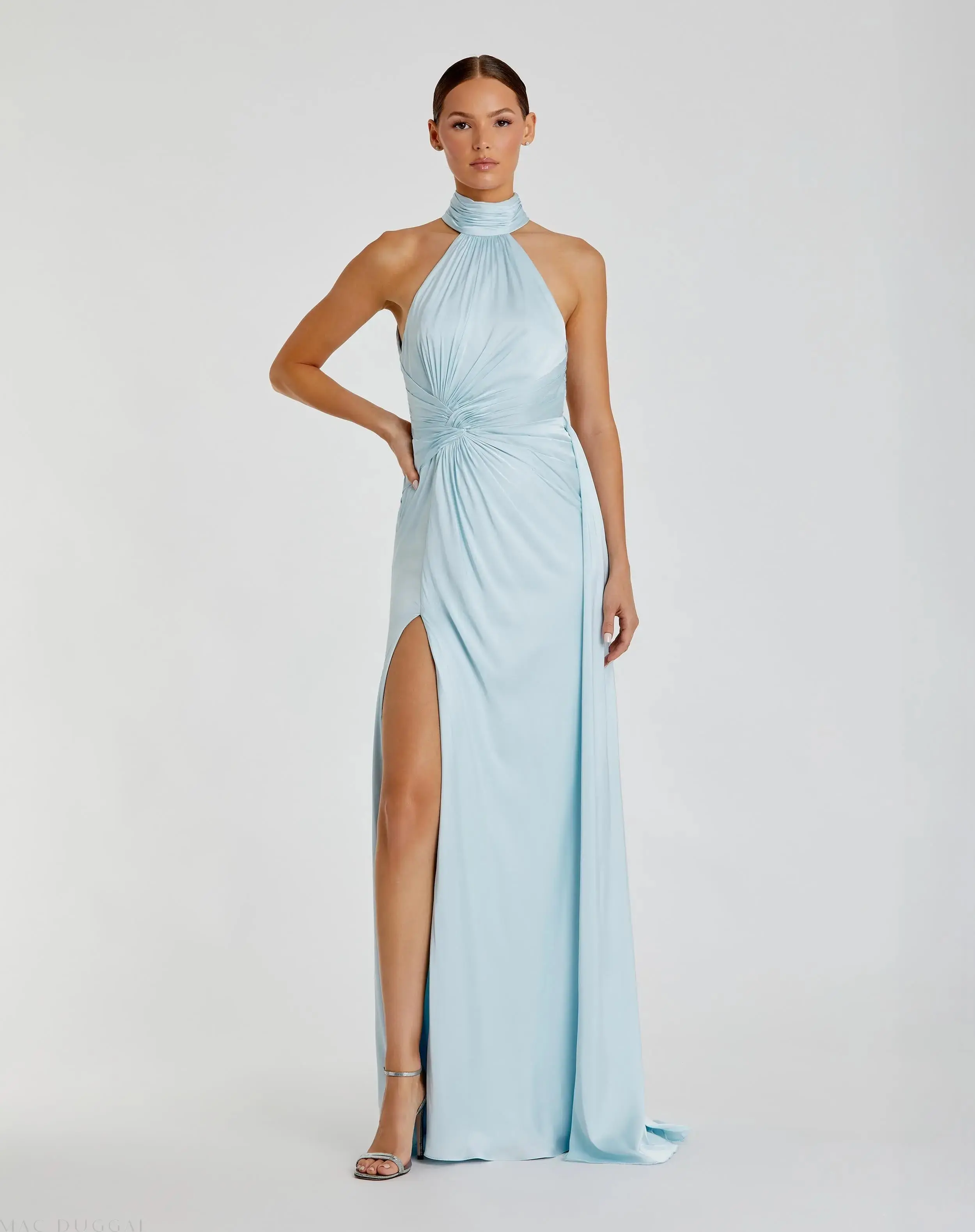 Light Blue Sleeveless Open Back Satin Gown - Special Events Unlimited