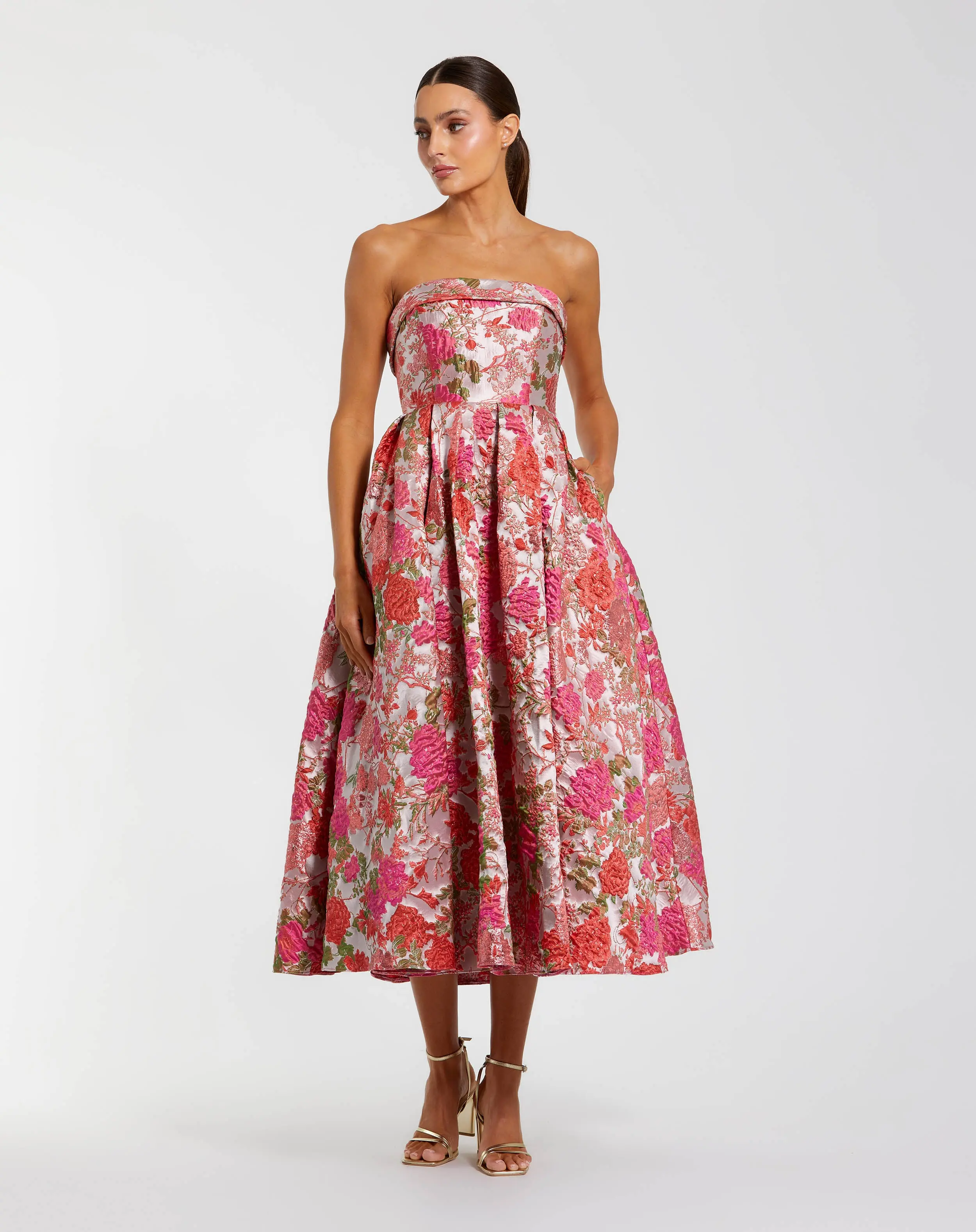 Pink Floral Brocade Strapless A-Line Midi Dress - Special Events Unlimited