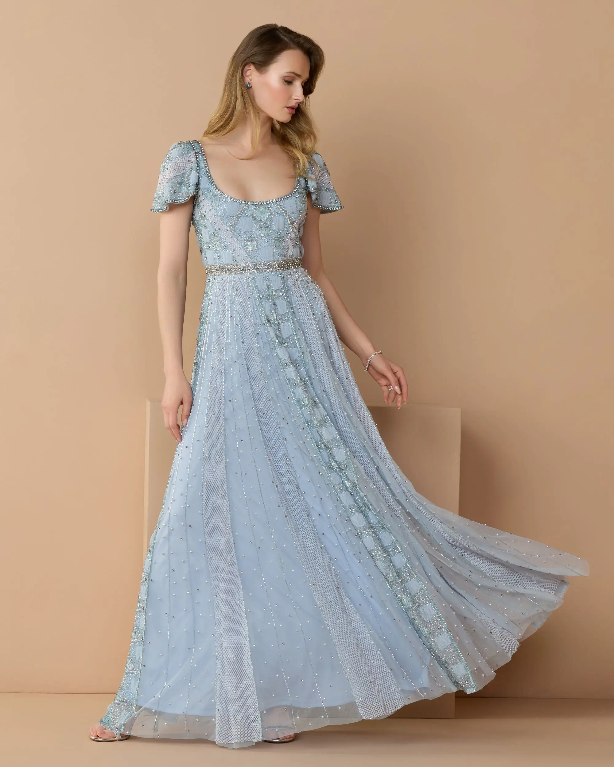 Blue Short Sleeve Scoop Neck Embellished Gown - Special Events Unlimited