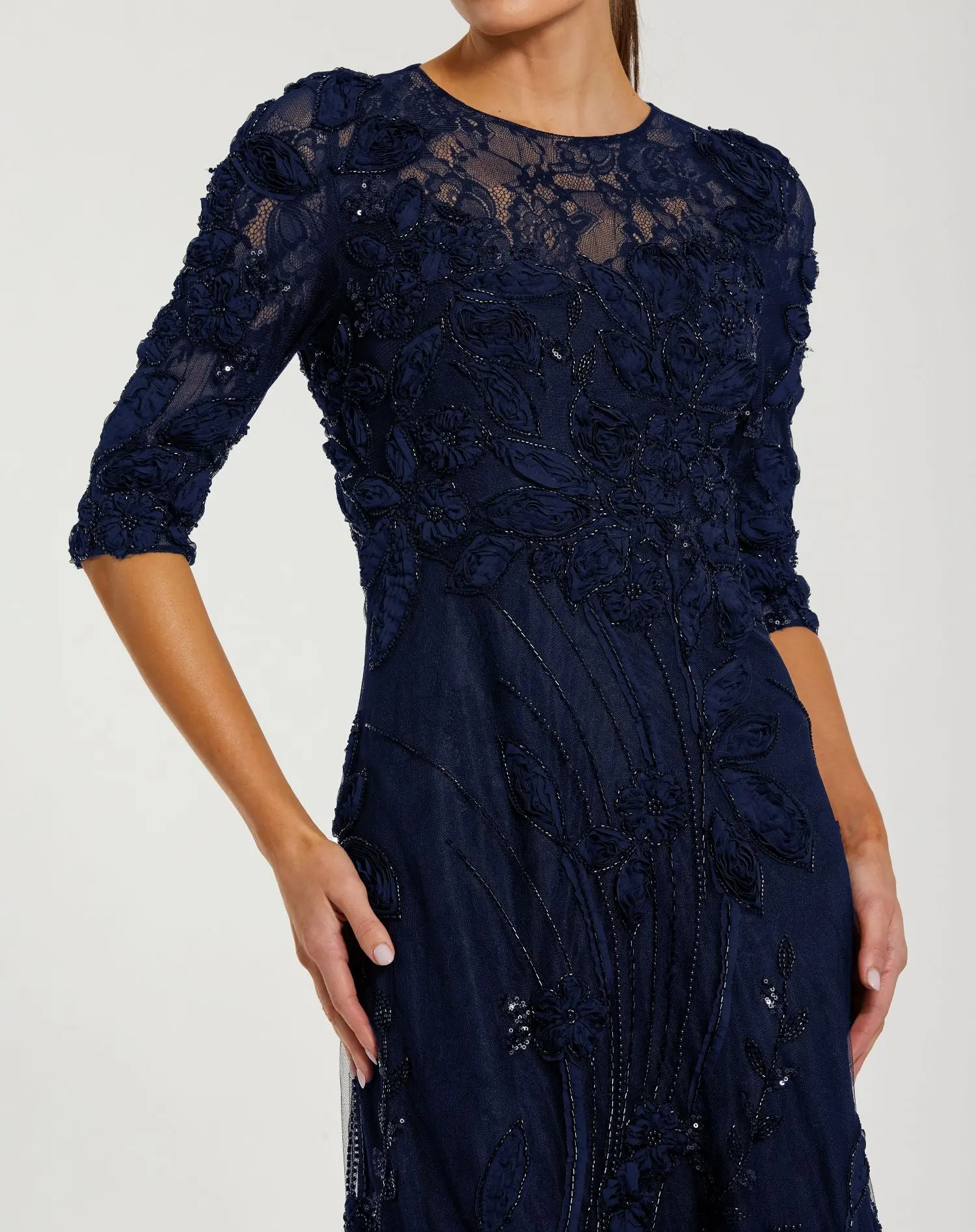Petite Navy High Neck Embellished Lace Gown with 3/4 Sleeves - Special Events Unlimited