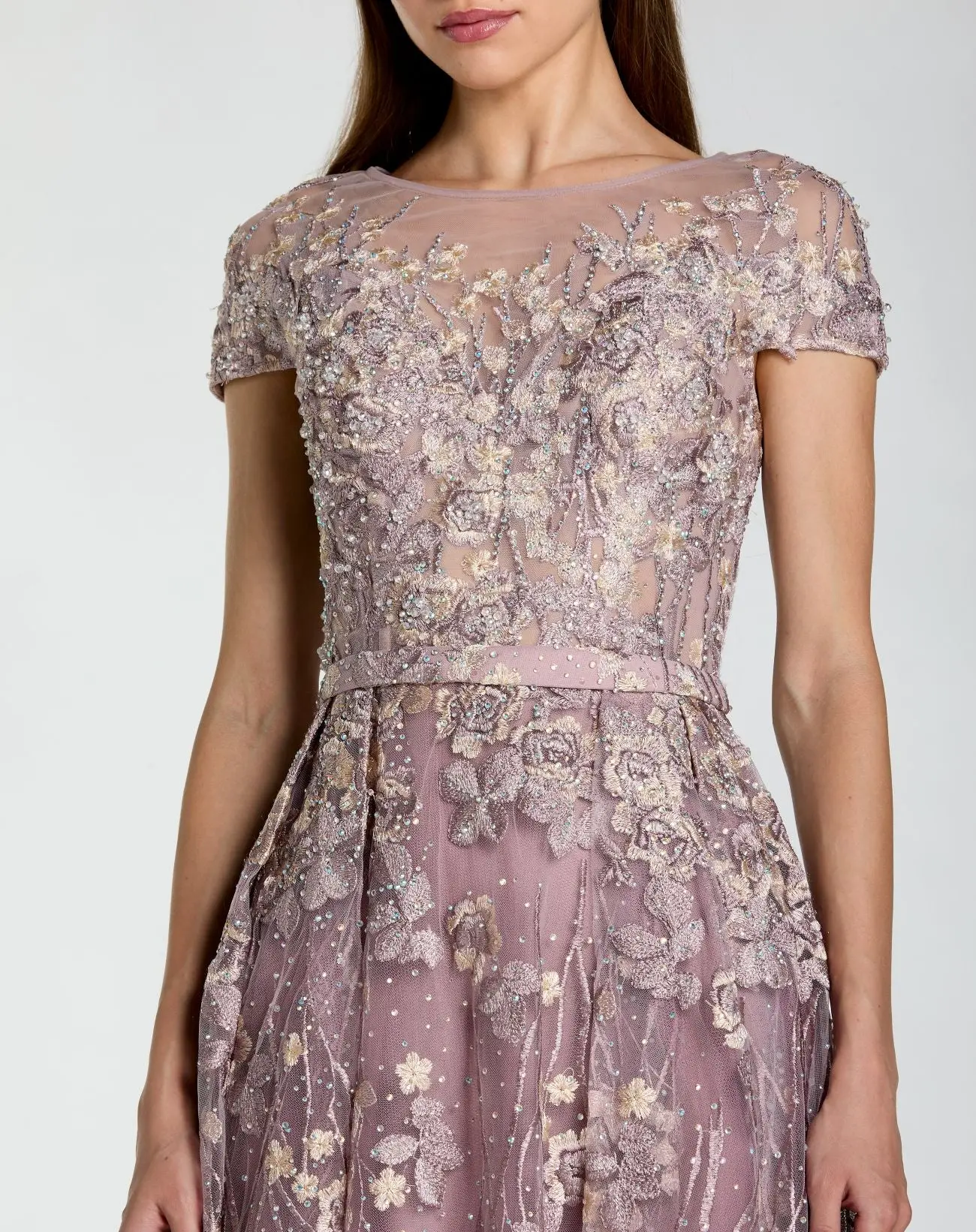 Purple Embroidered Cap Sleeve High Neck Midi Dress - Special Events Unlimited