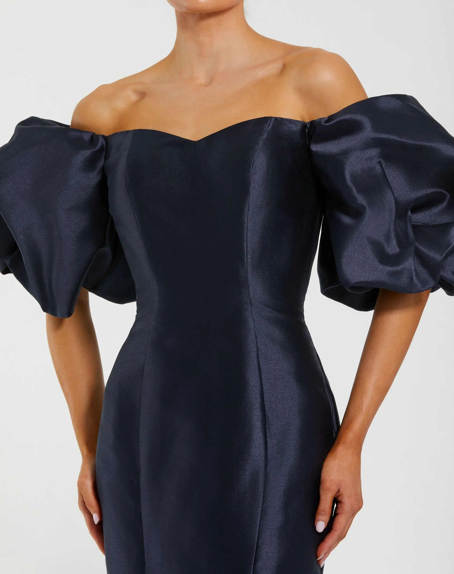 Petite Navy Sweetheart Off The Shoulder Puff Sleeve Gown - Special Events Unlimited