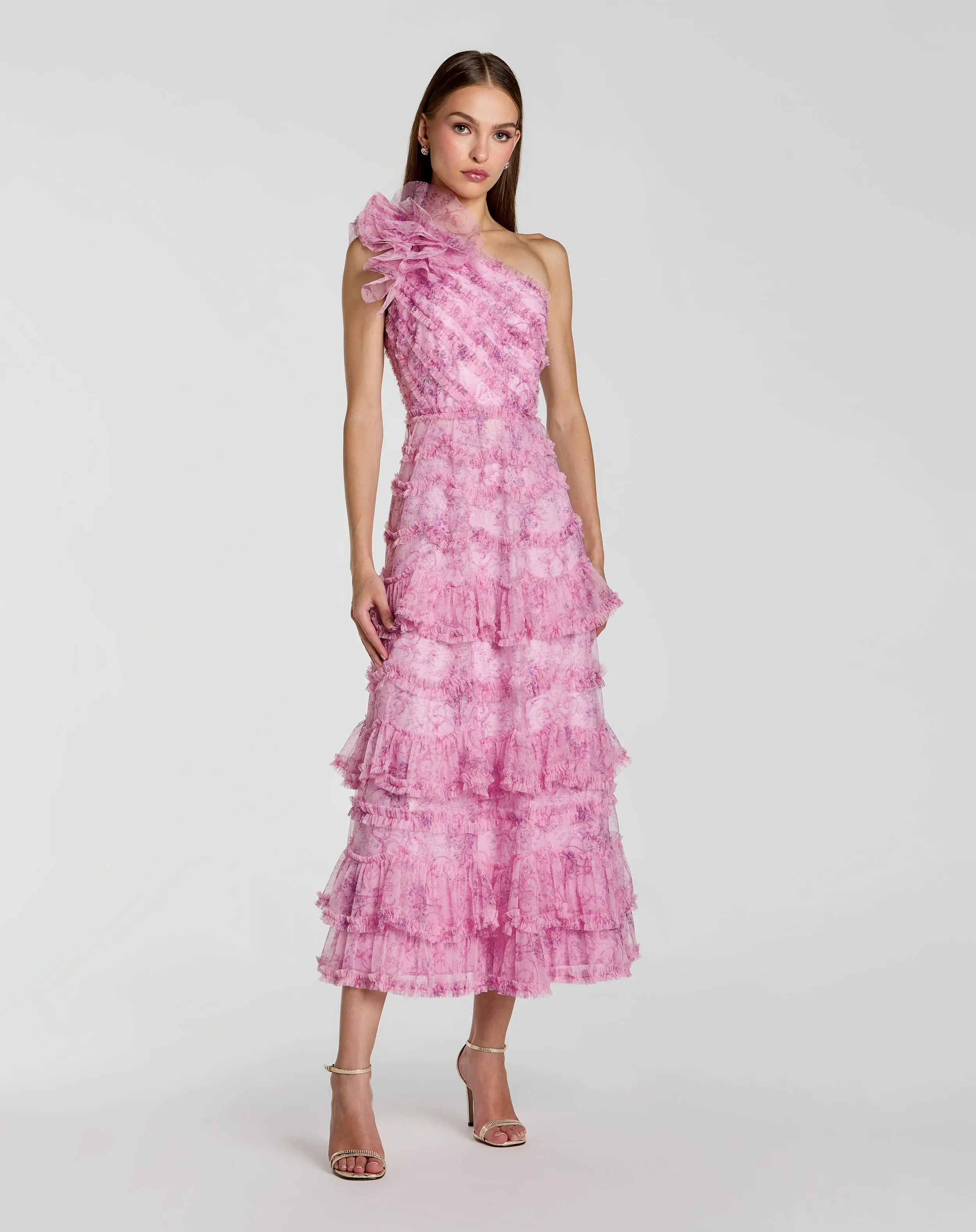 Pink Printed One Shoulder Ruffled A Line Midi Dress - Special Events Unlimited
