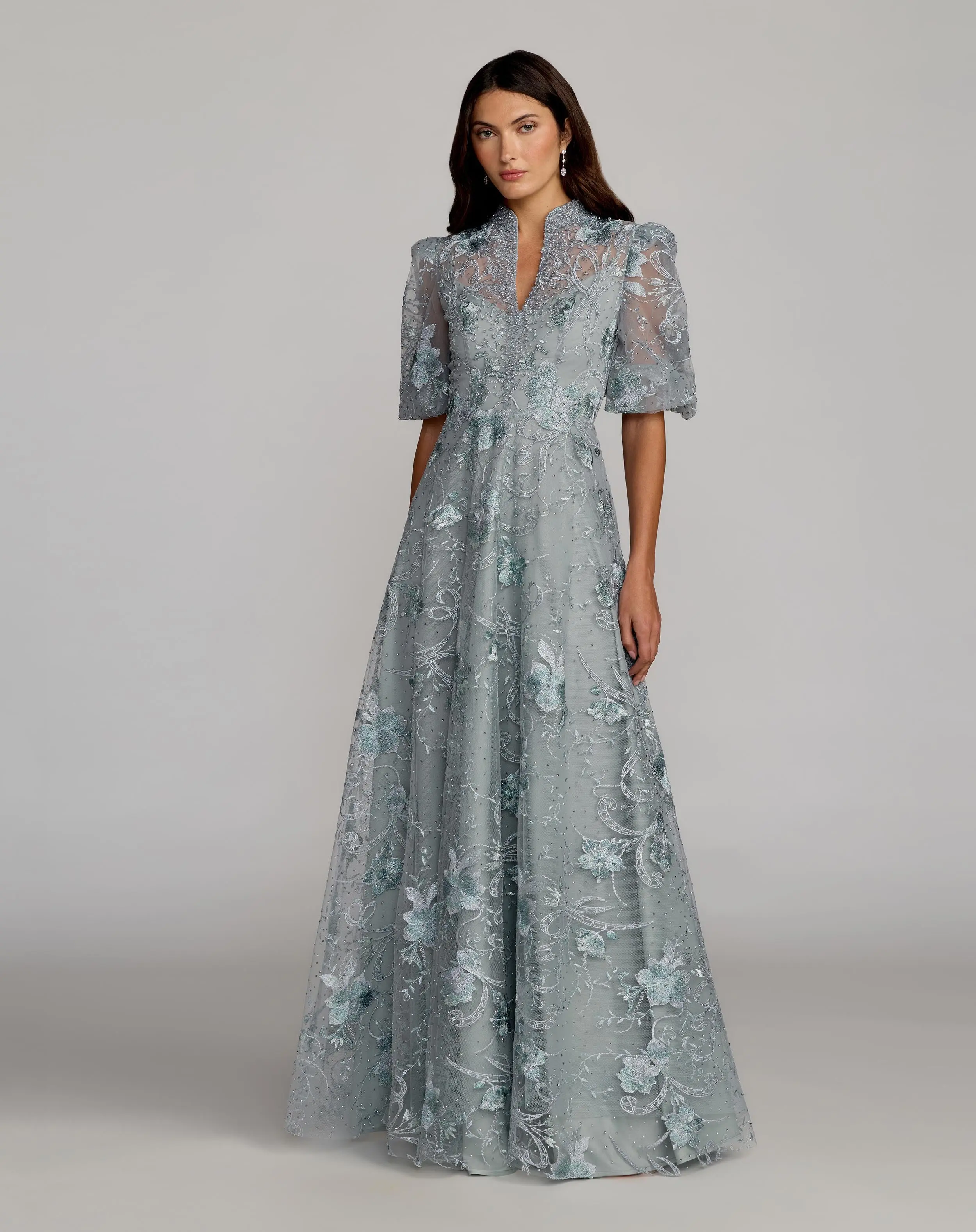 Blue Queen Anne Puff Sleeve Embroidered A-Line Gown - Special Events Unlimited