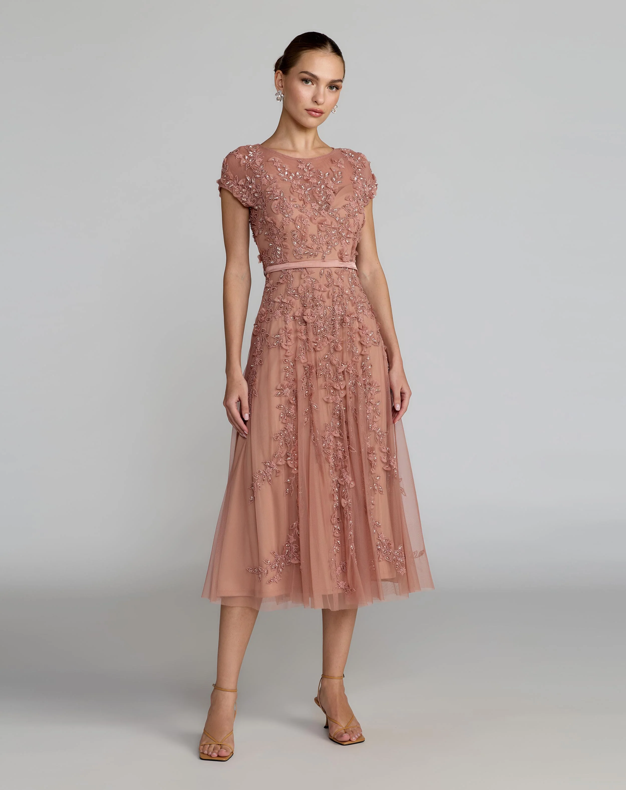 Pink Floral Embellished Cap Sleeve Midi Dress - Special Events Unlimited