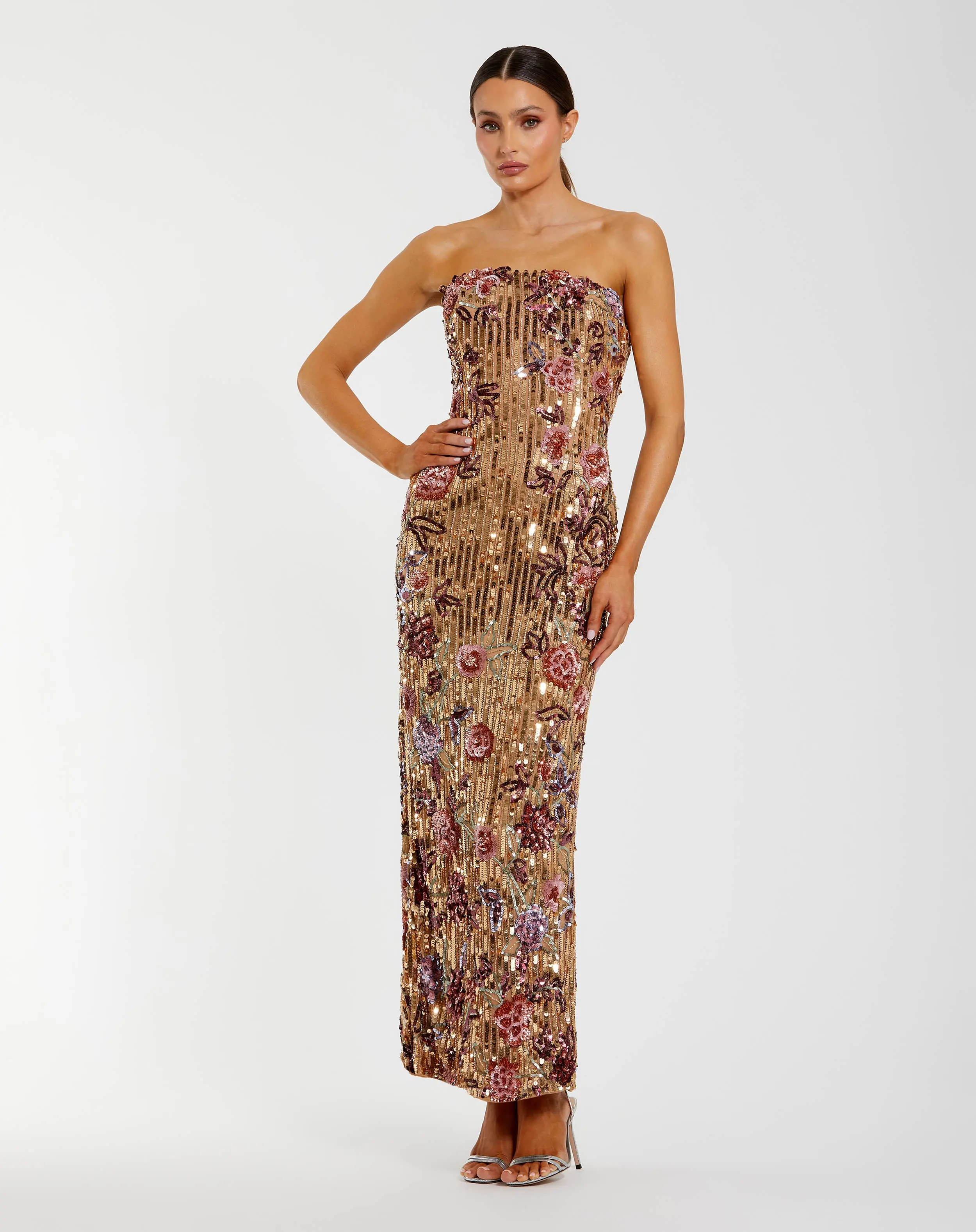 Gold Floral Embellished Strapless Column Dress - Special Events Unlimited