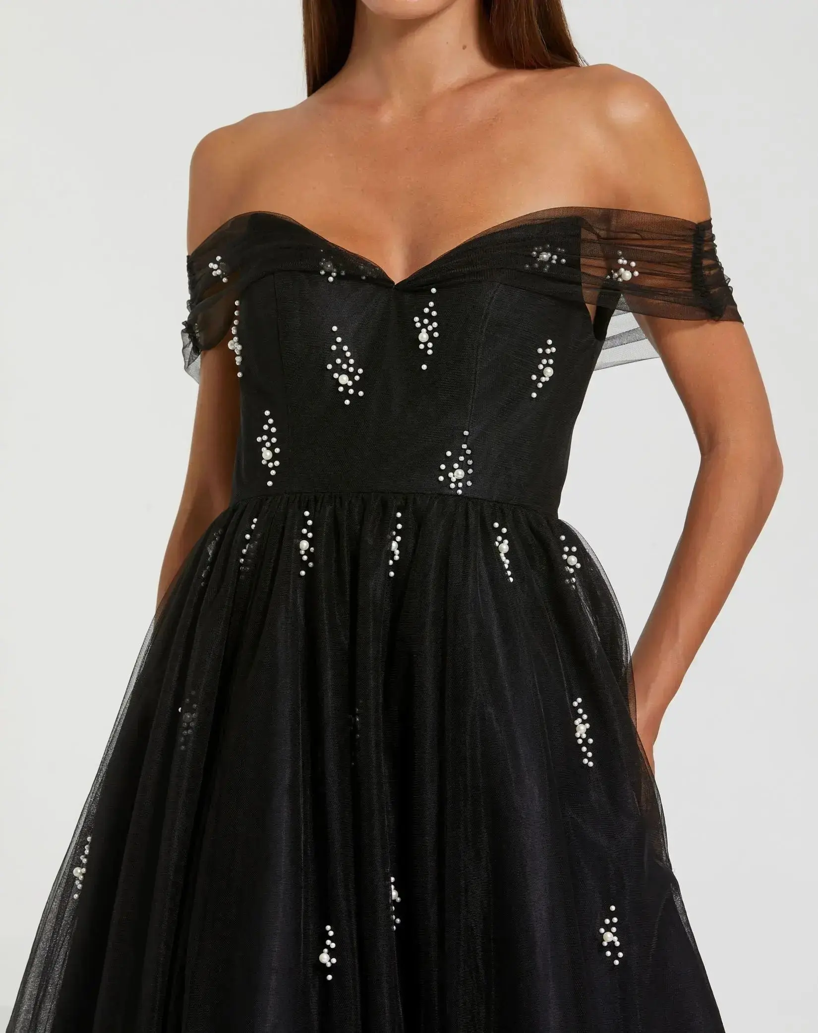 Petite Black Pearl Embellished Off The Shoulder A Line Dress - Special Events Unlimited
