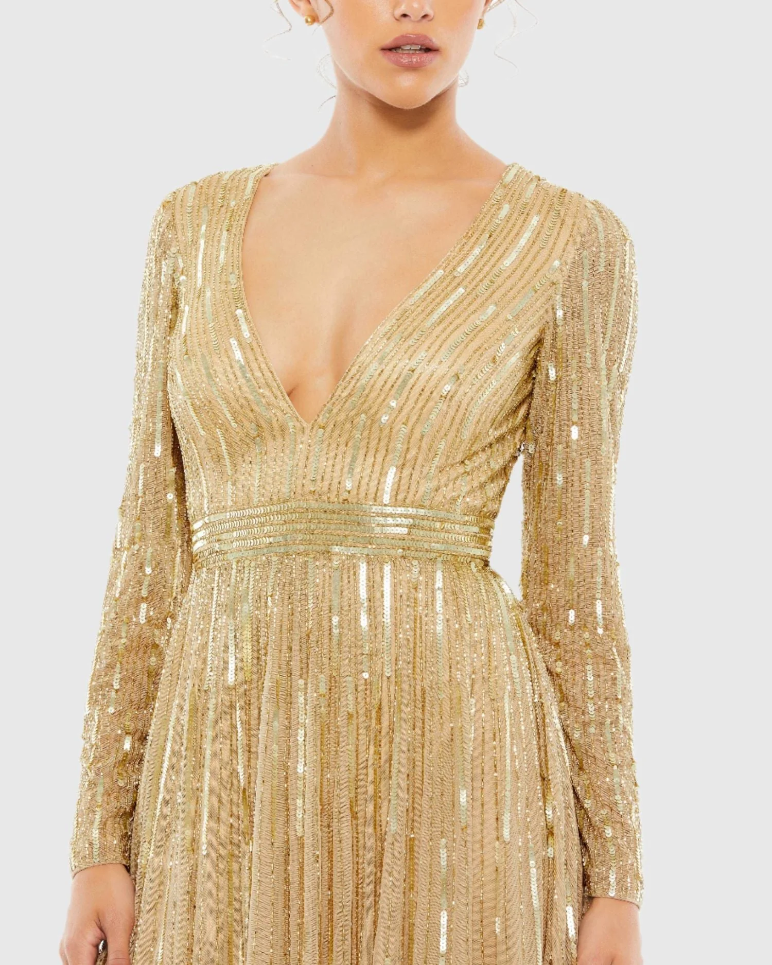 Gold Sequined V Neck Illusion Sleeve A Line Gown - Special Events Unlimited
