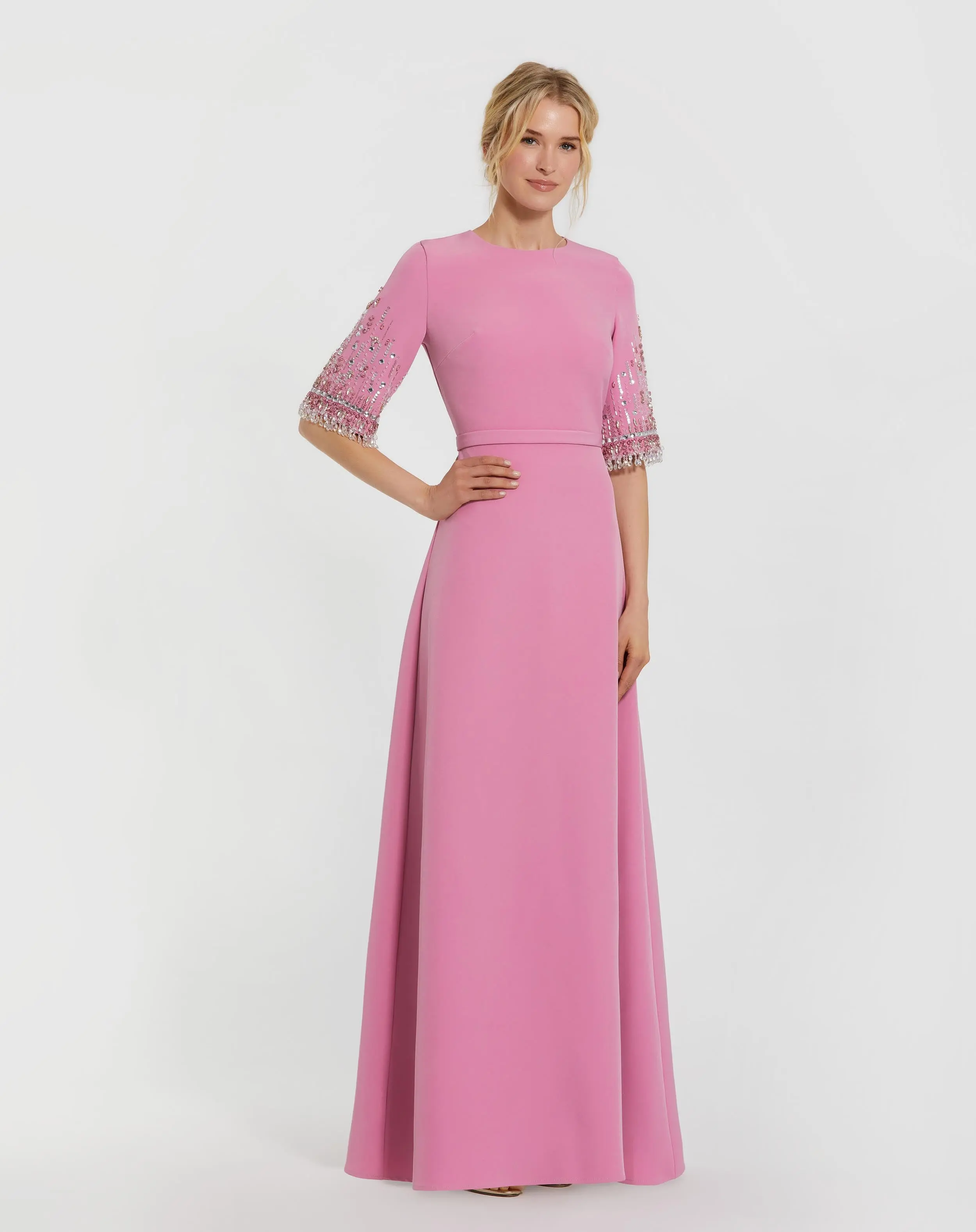 Pink Crepe A Line Gown With Beaded 3/4 Sleeves - Special Events Unlimited