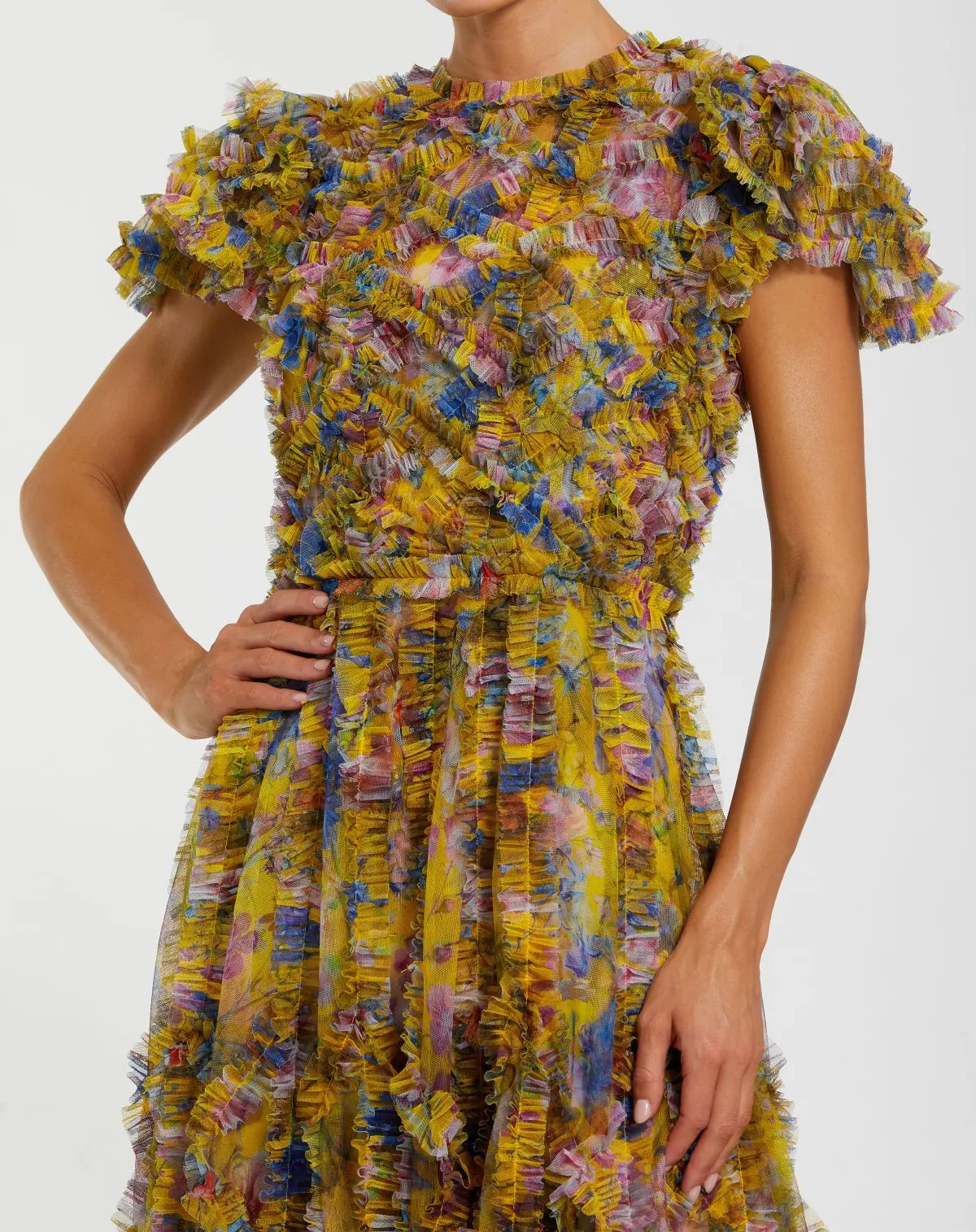 Yellow Micro Ruffle Floral Maxi Dress - Special Events Unlimited
