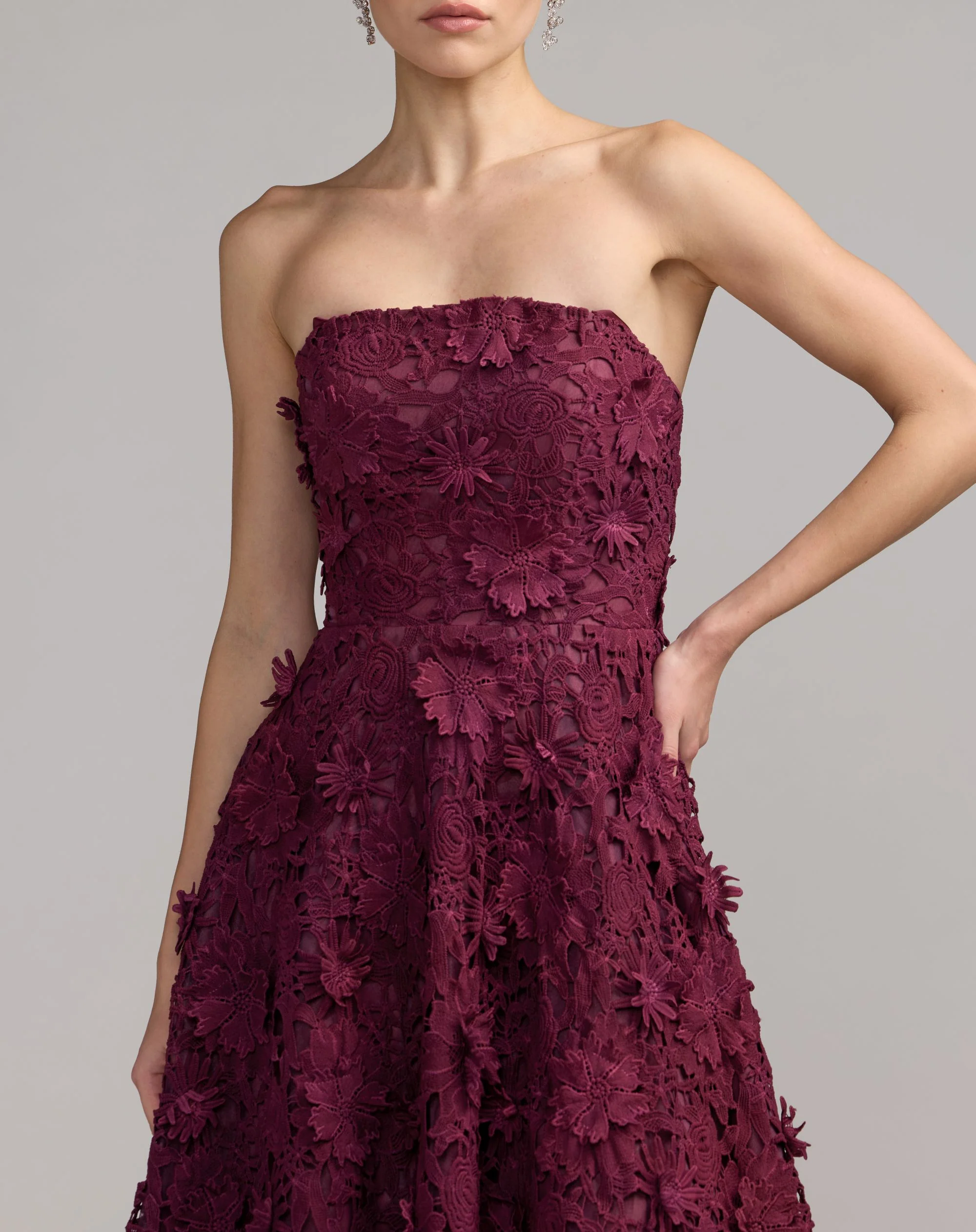 Deep Purple Strapless Floral Embroidered Lace A-Line Dress - Special Events Unlimited
