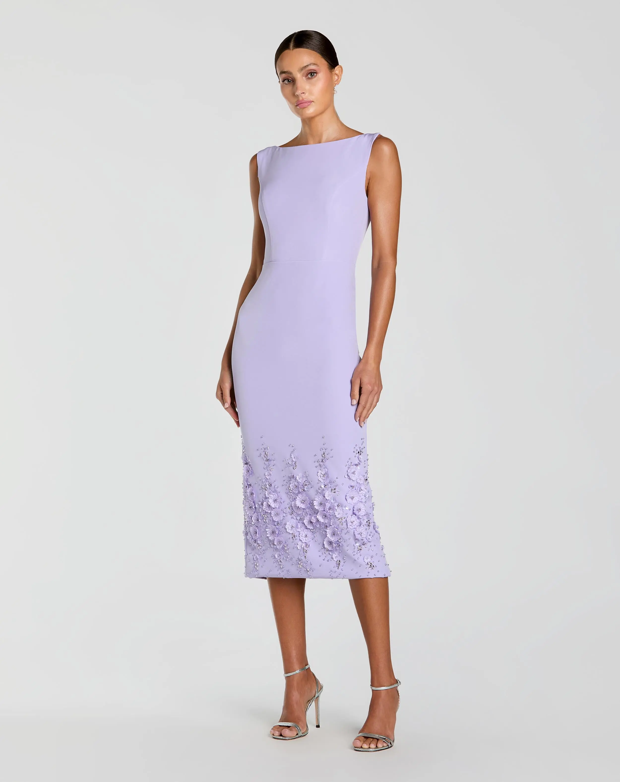 Purple Crepe Sleeveless Midi Dress With Flower Beading - Special Events Unlimited