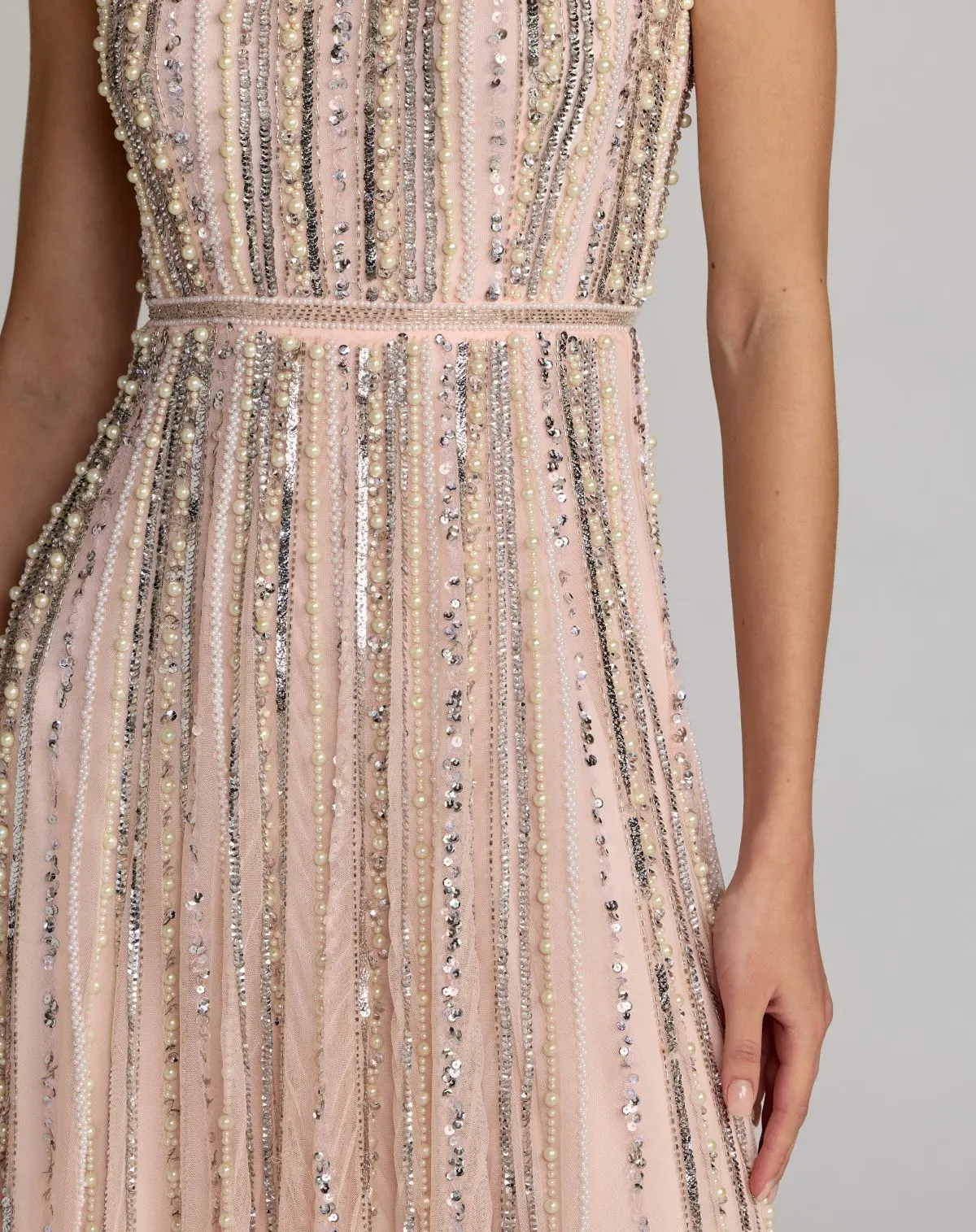 Pink Scoop Neck A-Line Gown With Striped Beading - Special Events Unlimited