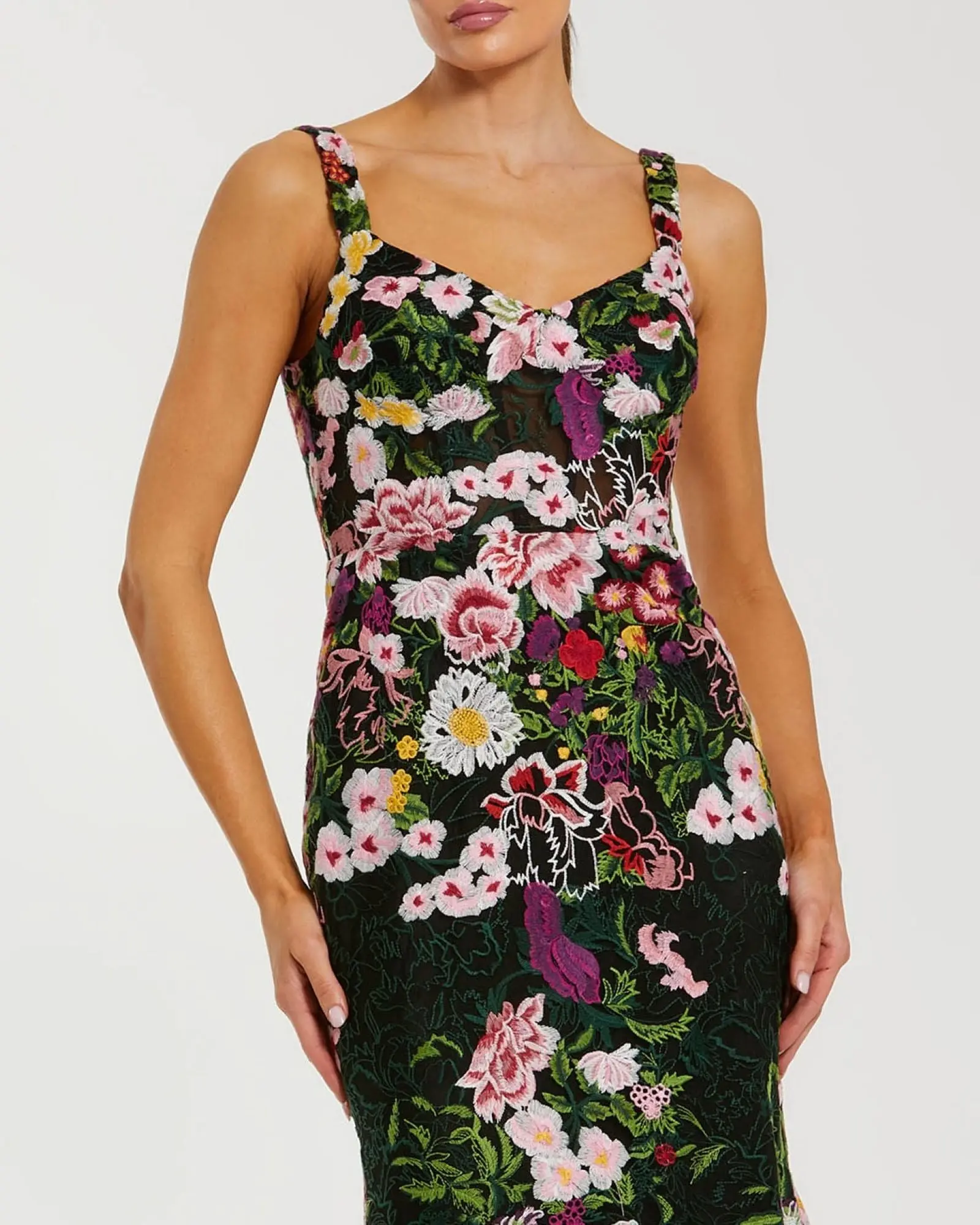 Black Sleeveless Floral Embroidered Mermaid Gown - Special Events Unlimited