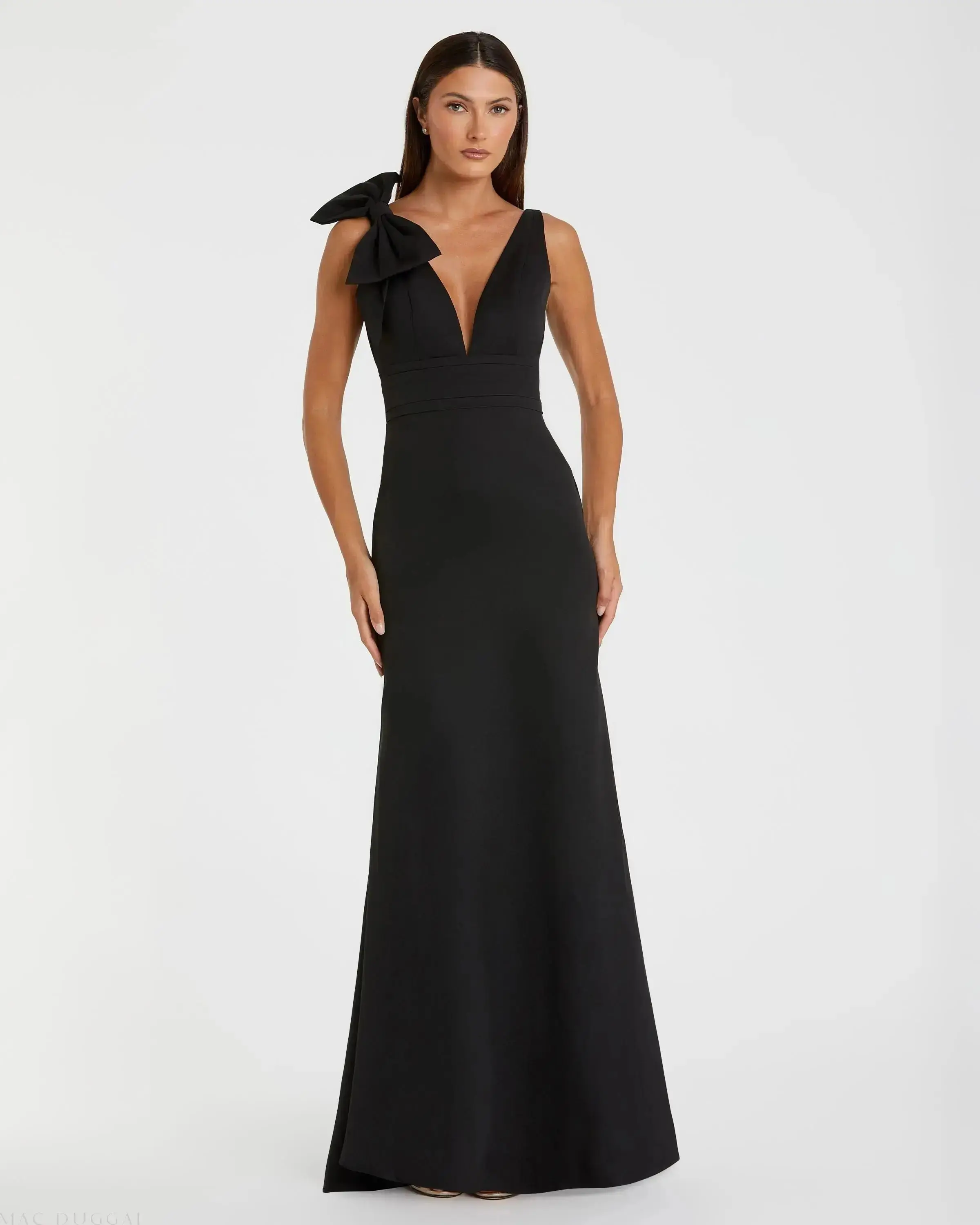 Petite Black Sleeveless V Neck Bow Detail Mermaid Gown - Special Events Unlimited