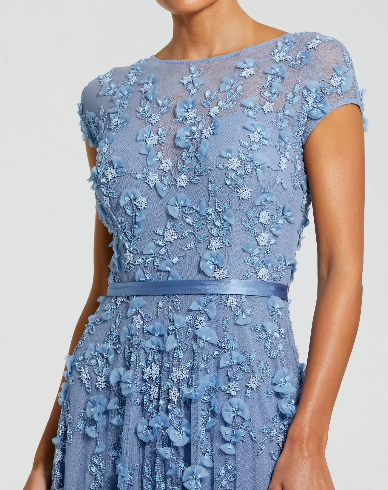Petite Blue Floral Embellished Cap Sleeve Gown - Special Events Unlimited