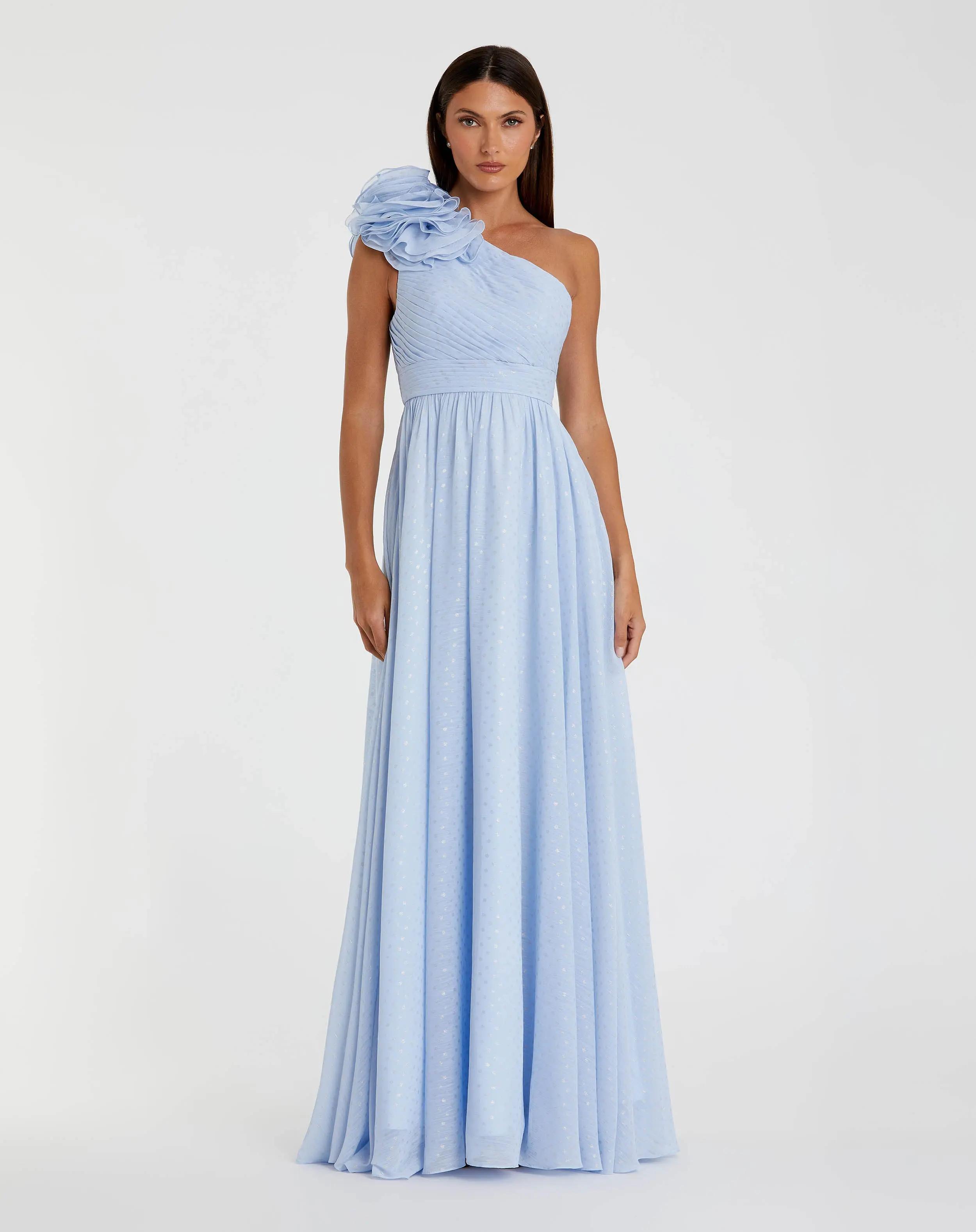 Blue One Shoulder Polka Dot Chiffon Gown With Ruffle Detail - Special Events Unlimited