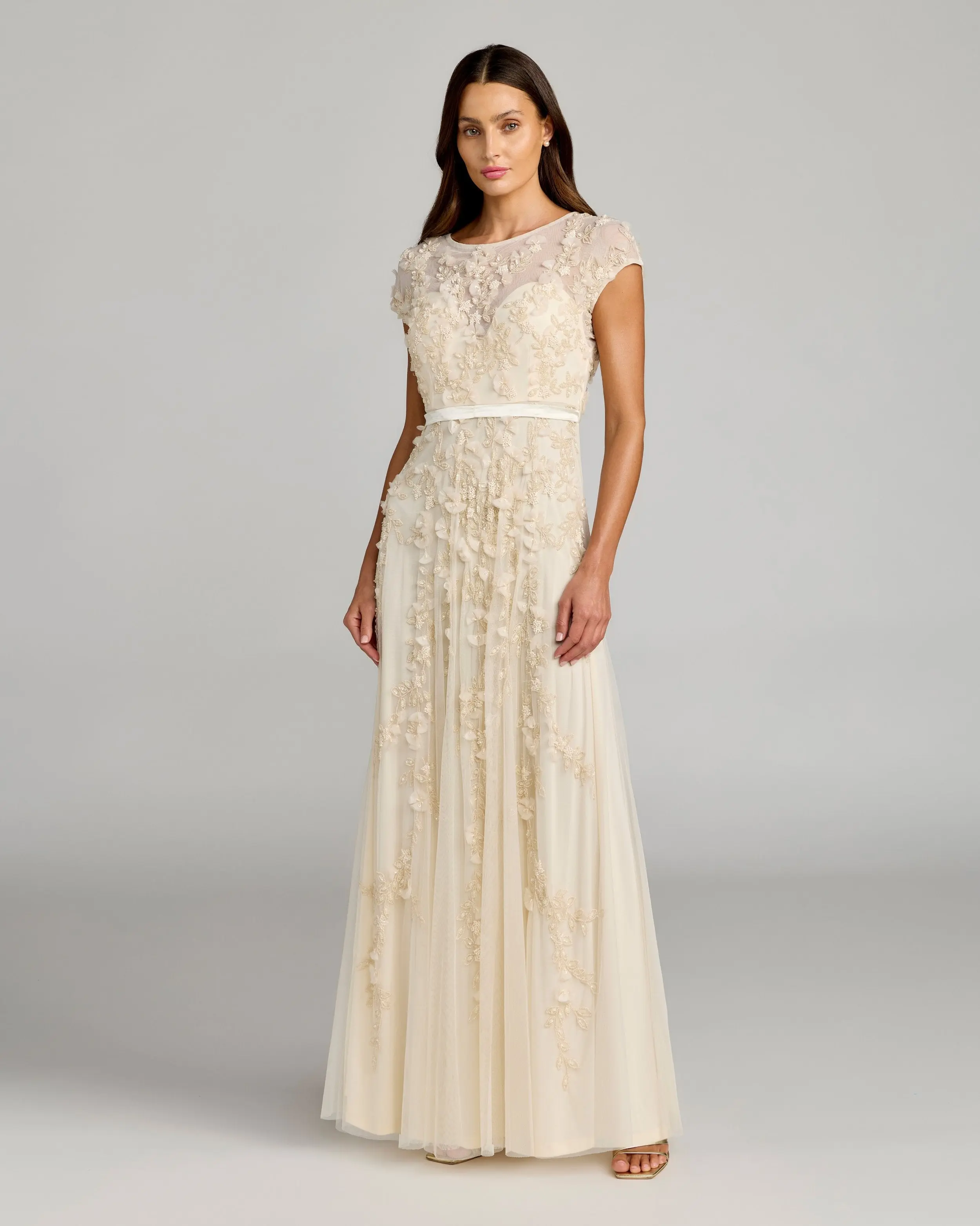 Yellow Floral Embellished Cap Sleeve Gown - Special Events Unlimited