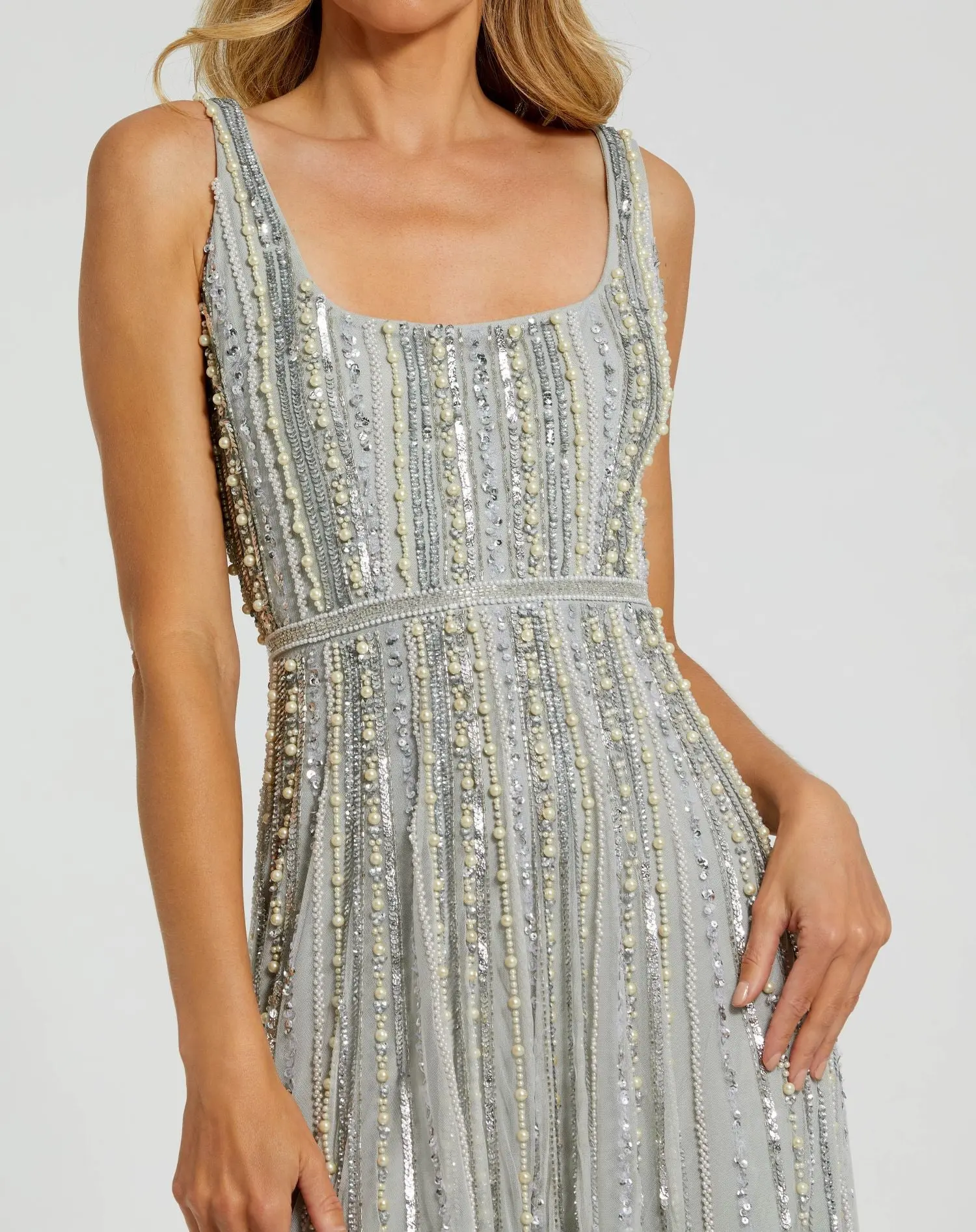 Green Scoop Neck A-Line Gown With Striped Beading - Special Events Unlimited