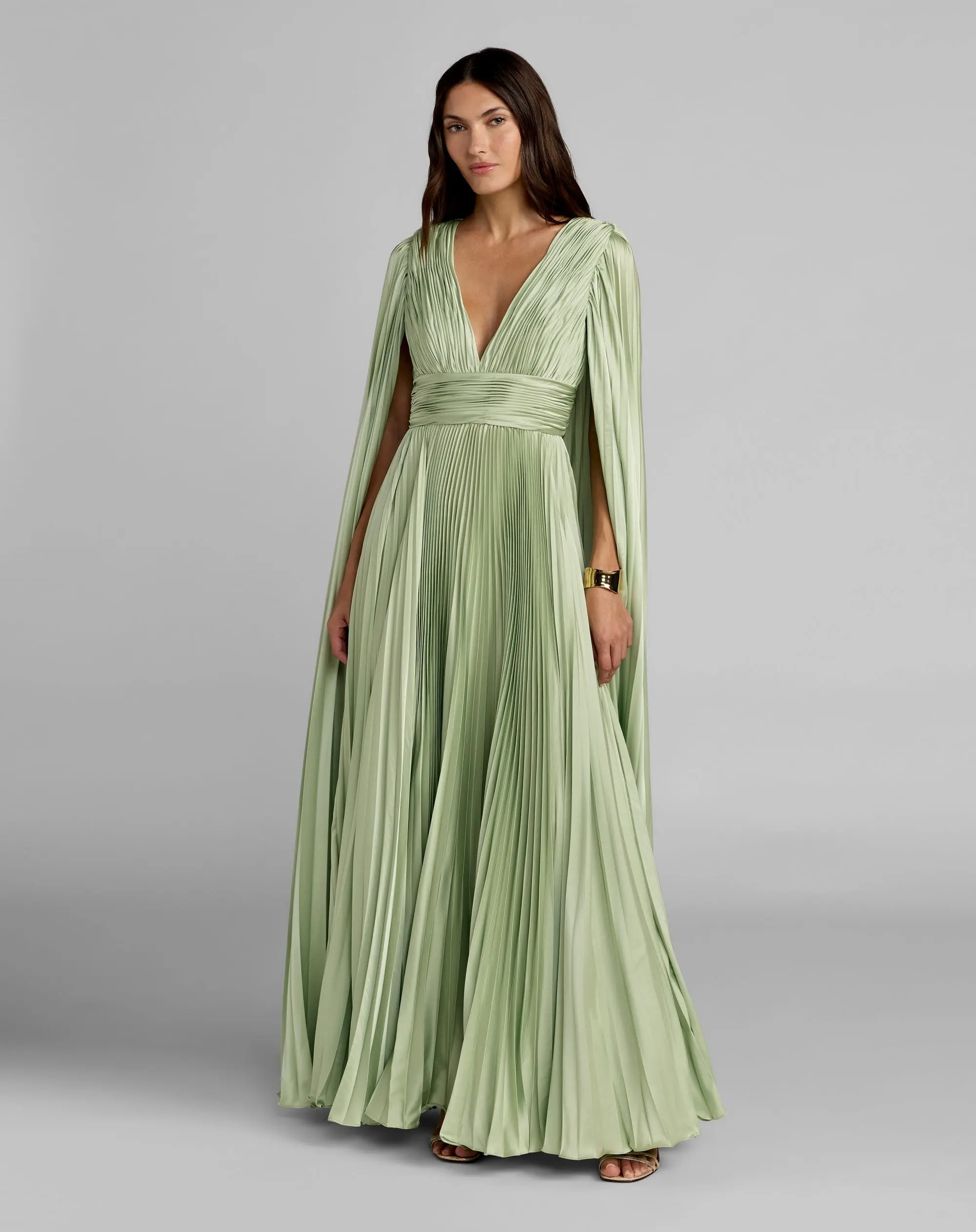 Light Green Pleated Charmeuse V Neck Gown With Cape - Special Events Unlimited