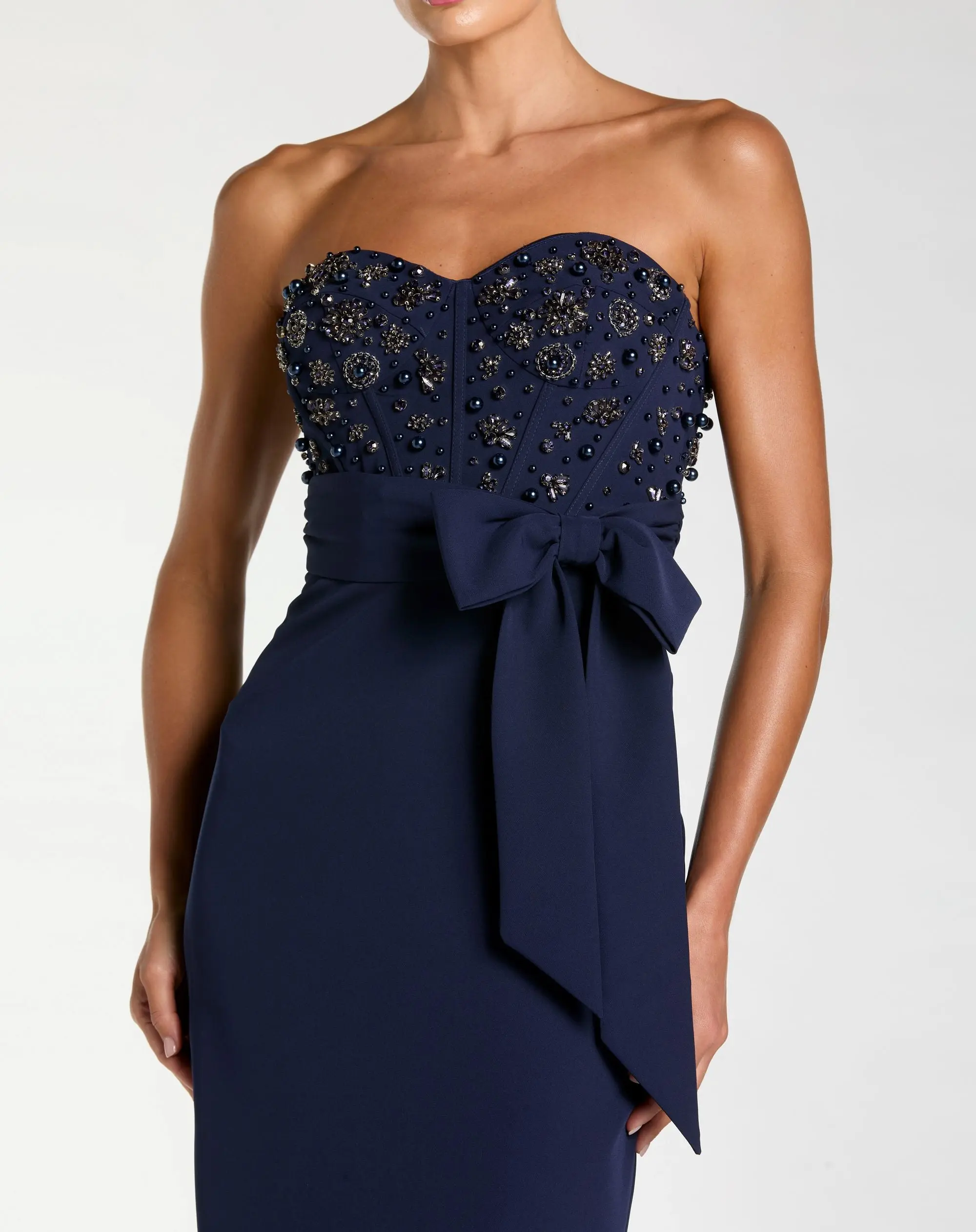 Navy Strapless Embellished Bustier Gown with Bow - Special Events Unlimited