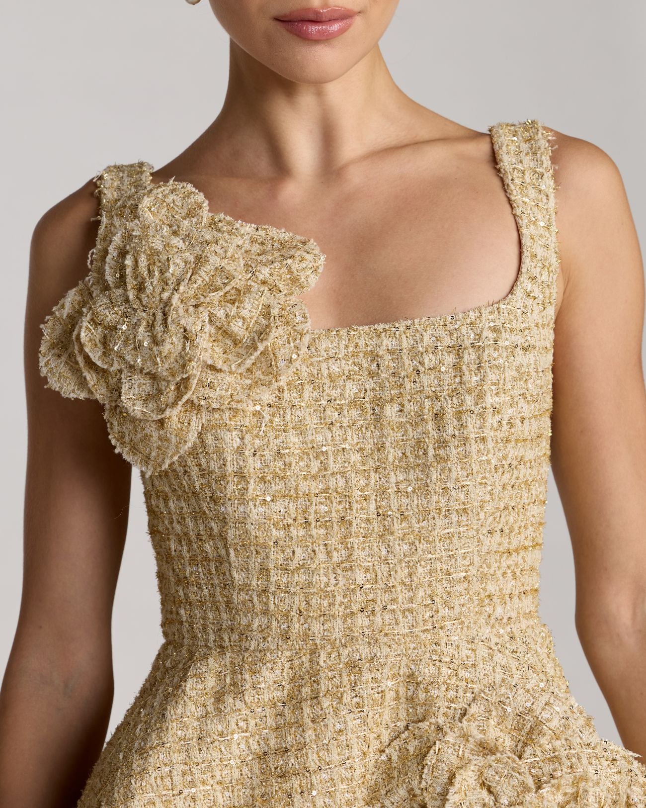 Gold Boucle Floral Applique Mini Dress With Pockets - Special Events Unlimited
