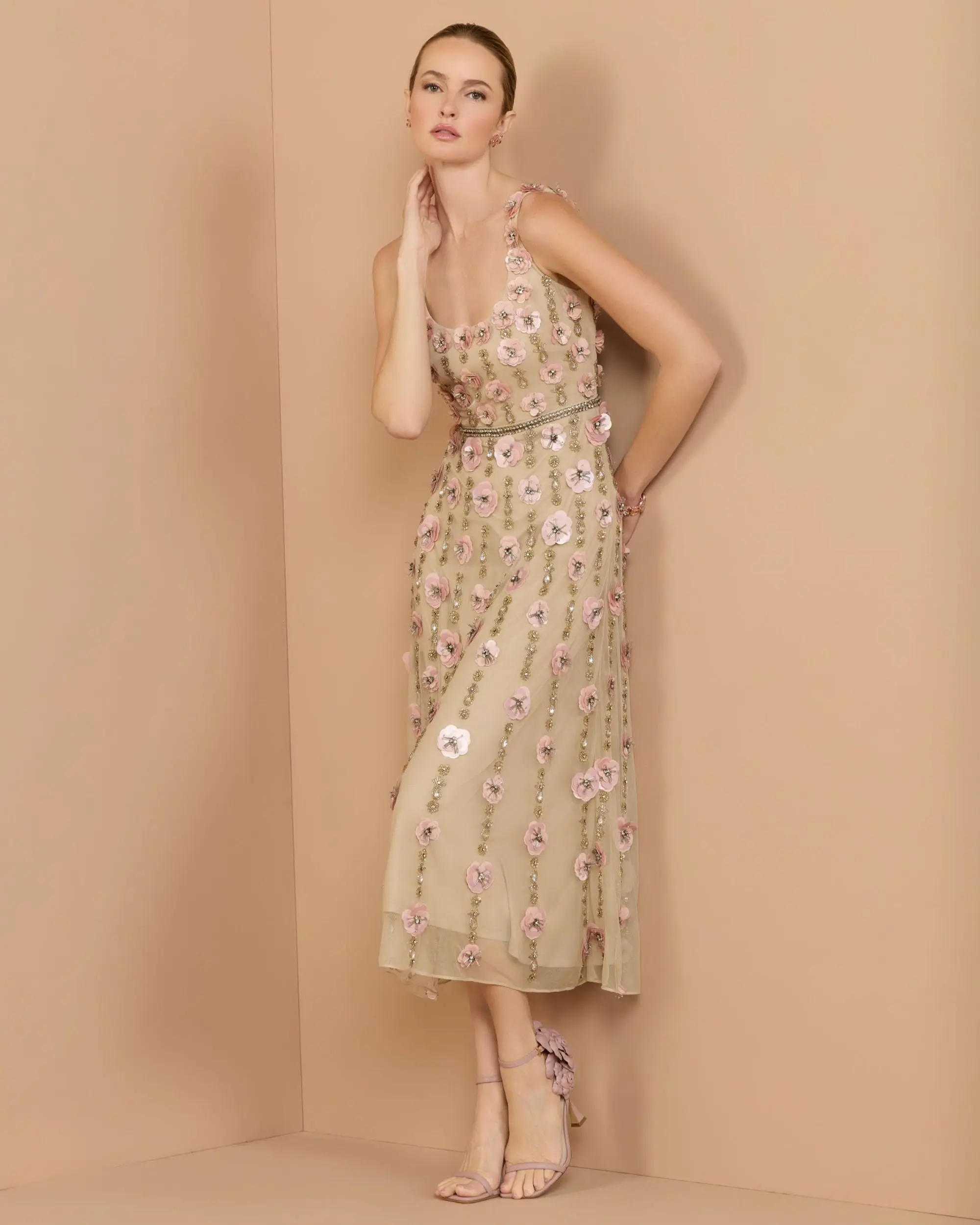 Beige Sleeveless Scoop Neck Embellished Midi Dress - Special Events Unlimited