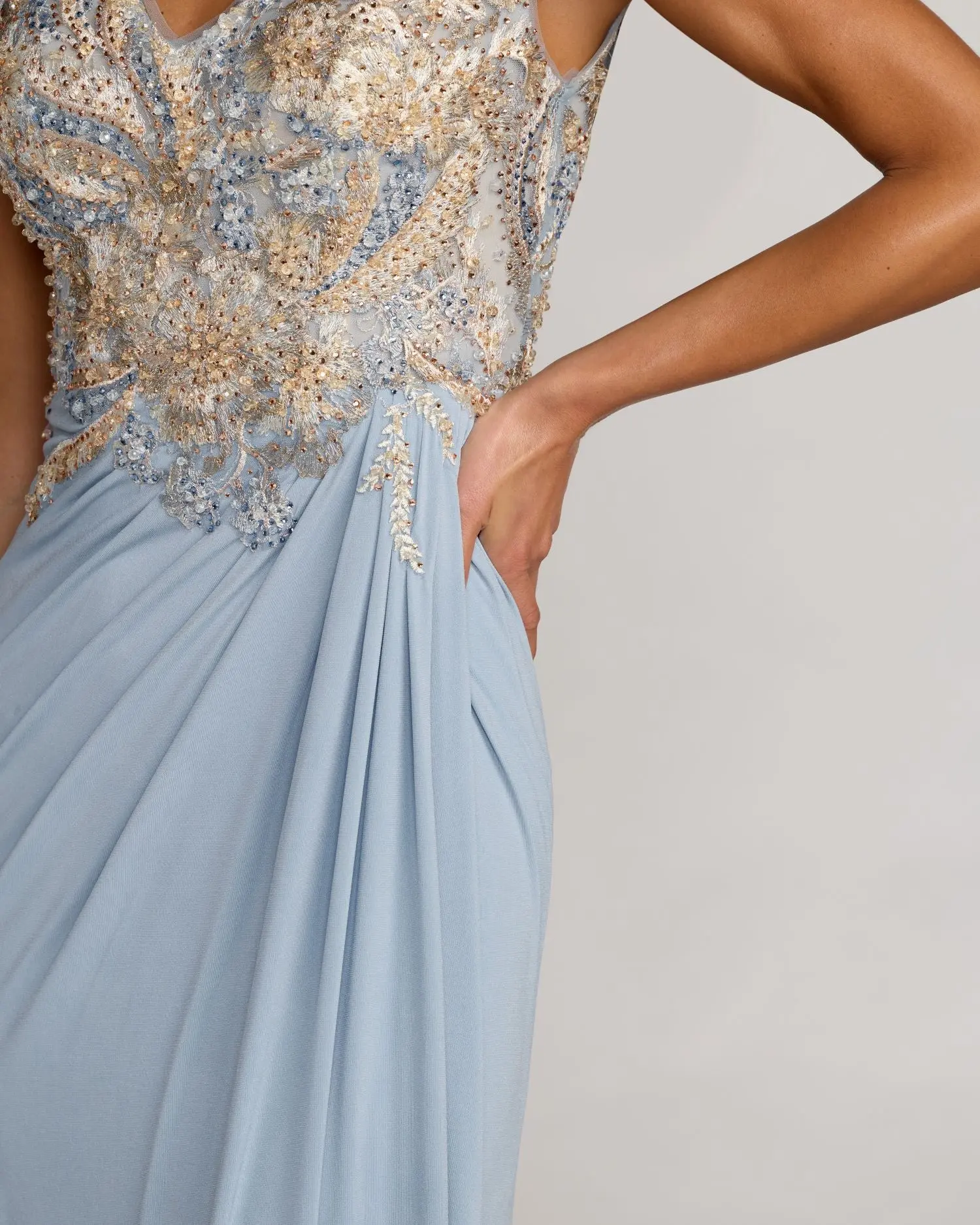 Blue Embroidered V Neck Jersey Draped Gown - Special Events Unlimited