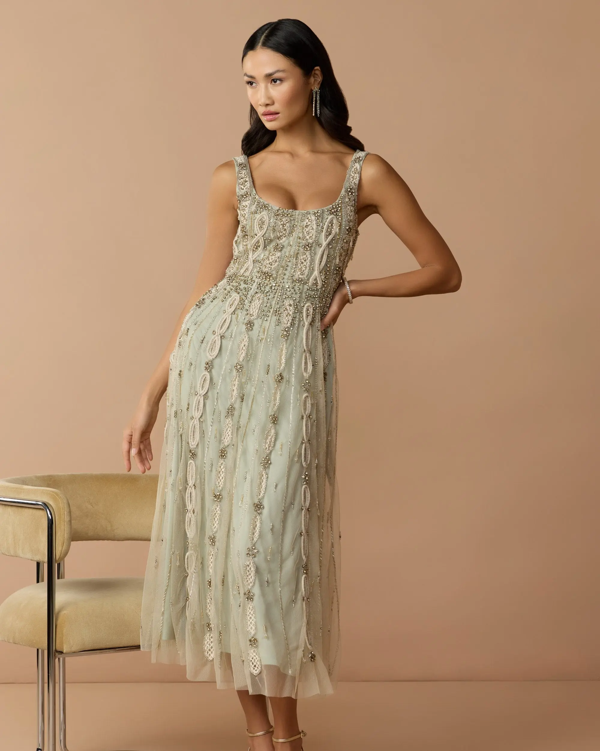 Green Sleeveless Scoop Neck Embellished Midi Dress - Special Events Unlimited