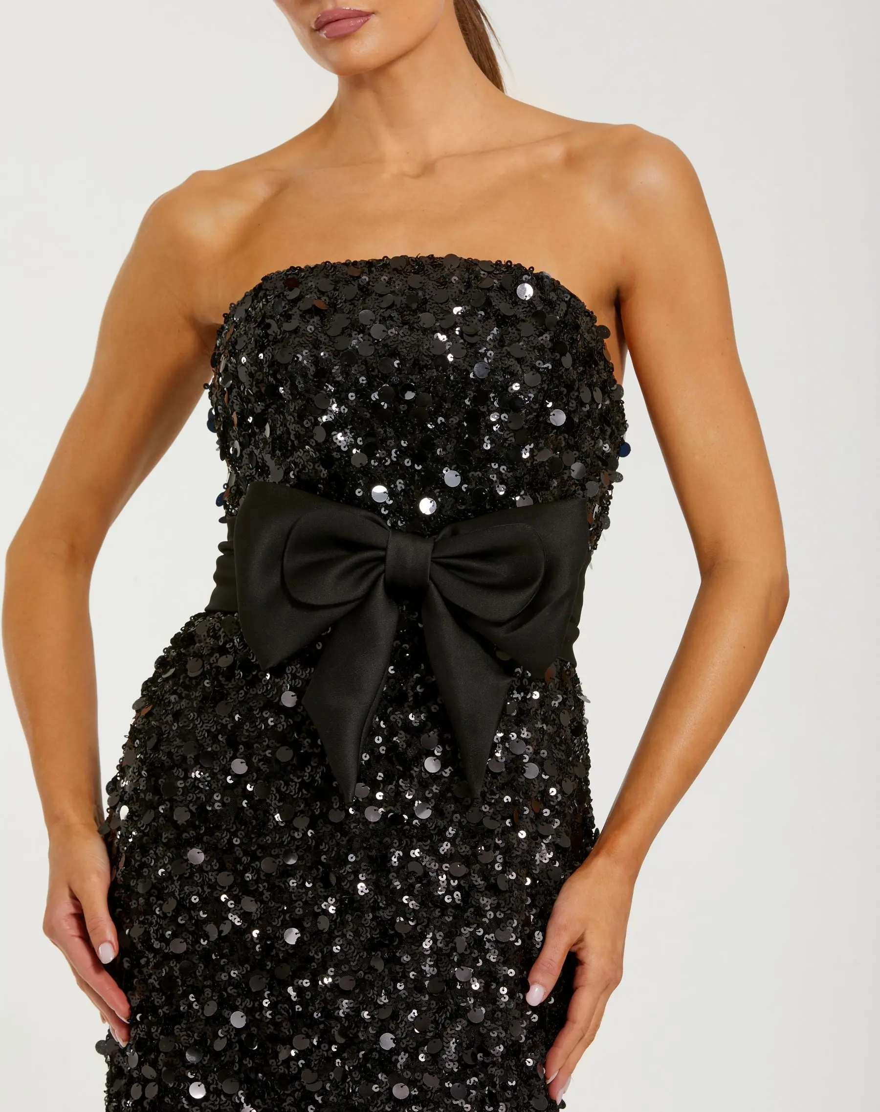Black Strapless Sequin Evening Gown With Bow - Special Events Unlimited