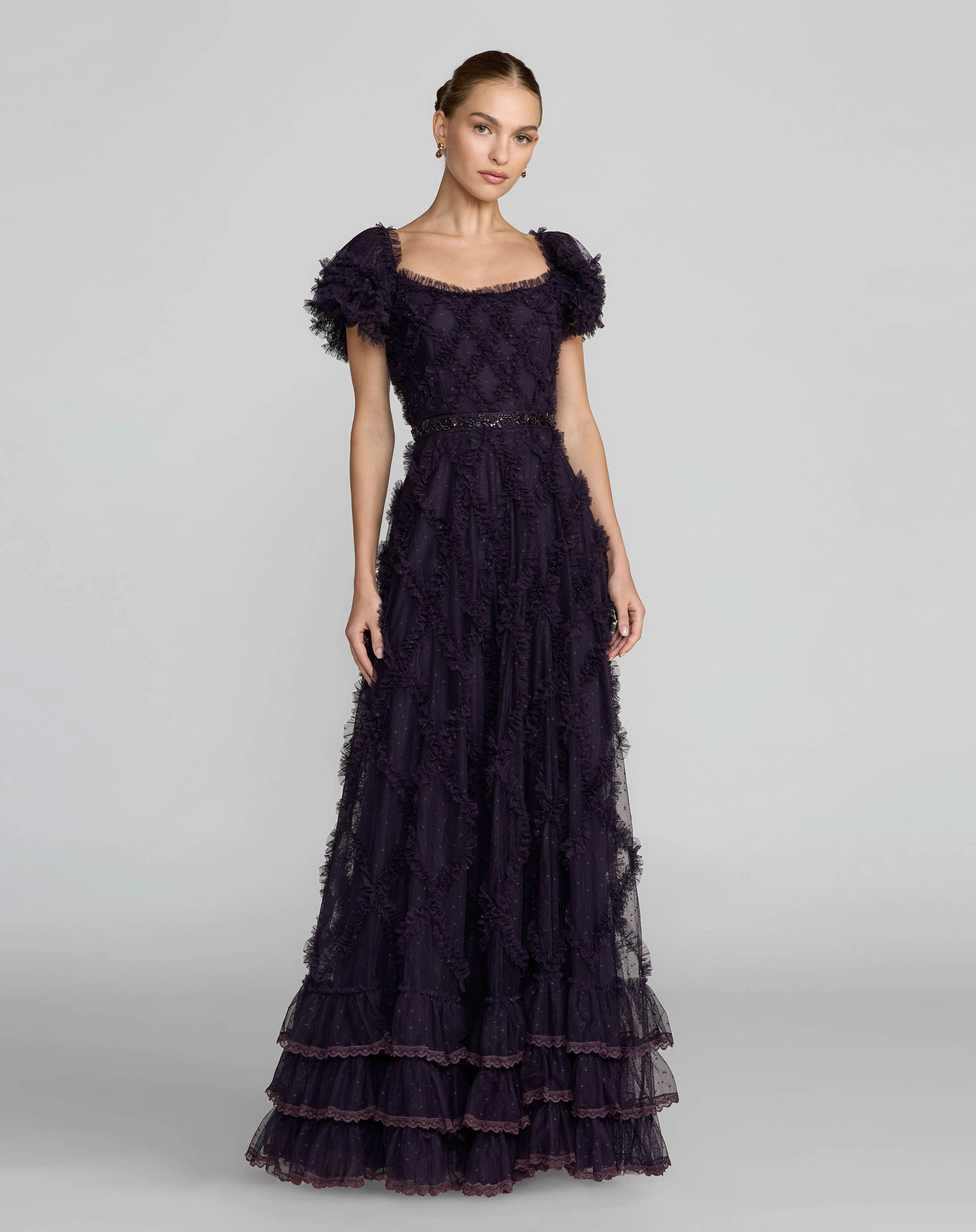 Dark Purple Tiered Ruffle Puff Sleeve Gown - Special Events Unlimited