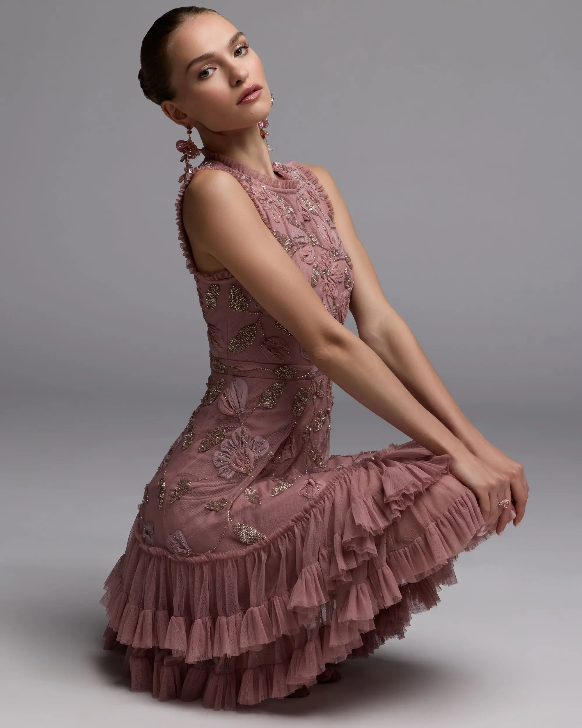 Pink High Neck Sleeveless Beaded Dress With Ruffled Hem - Special Events Unlimited