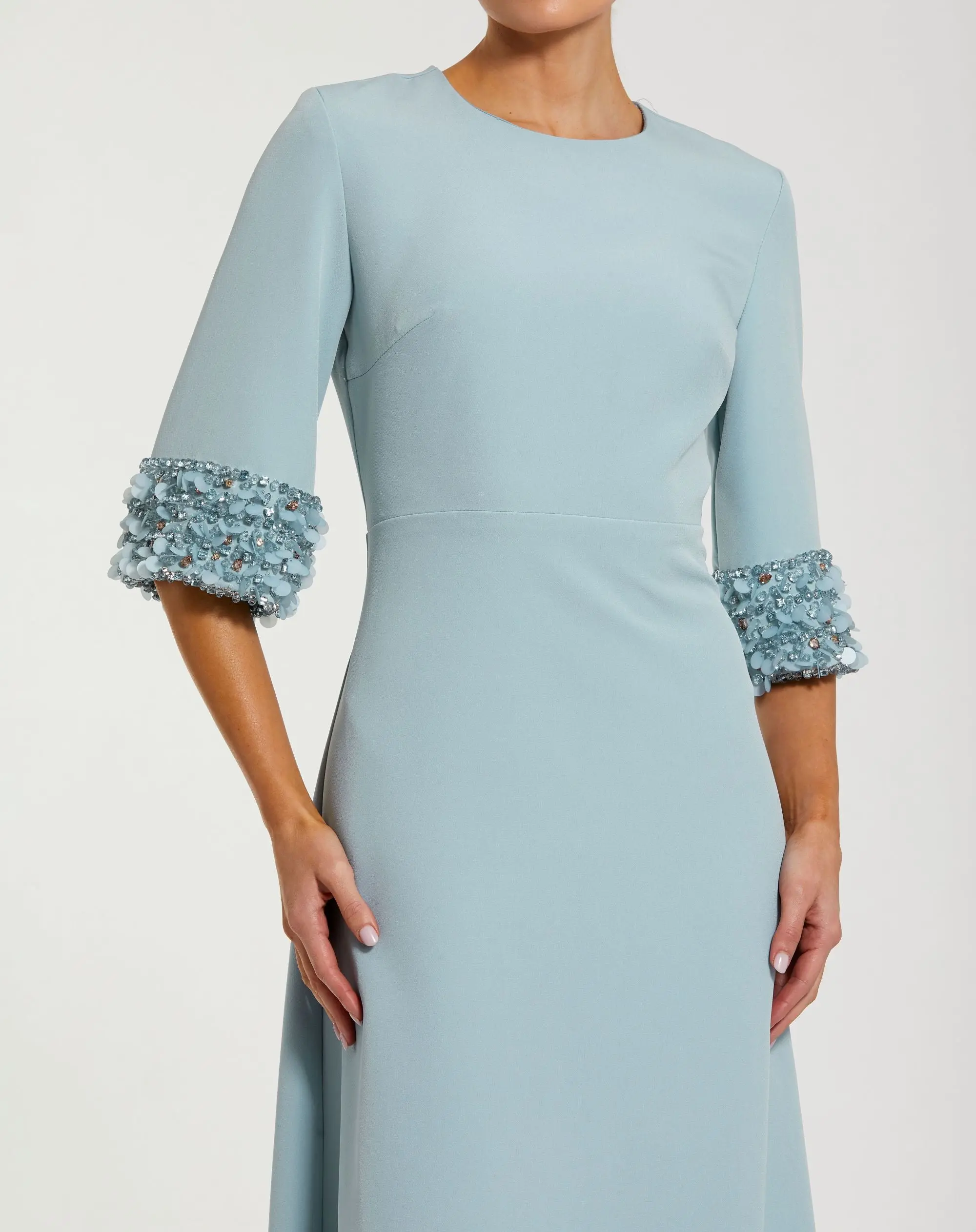 Blue A-Line Crepe Gown With Embellished 3/4 Sleeves - Special Events Unlimited