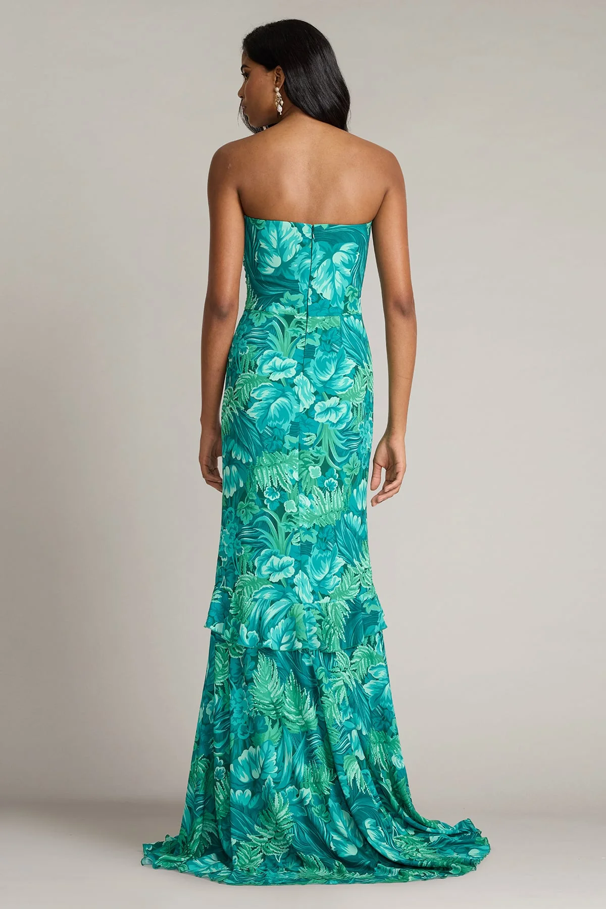 Cleta Foliage Print Cascading Ruffle Gown - Special Events Unlimited