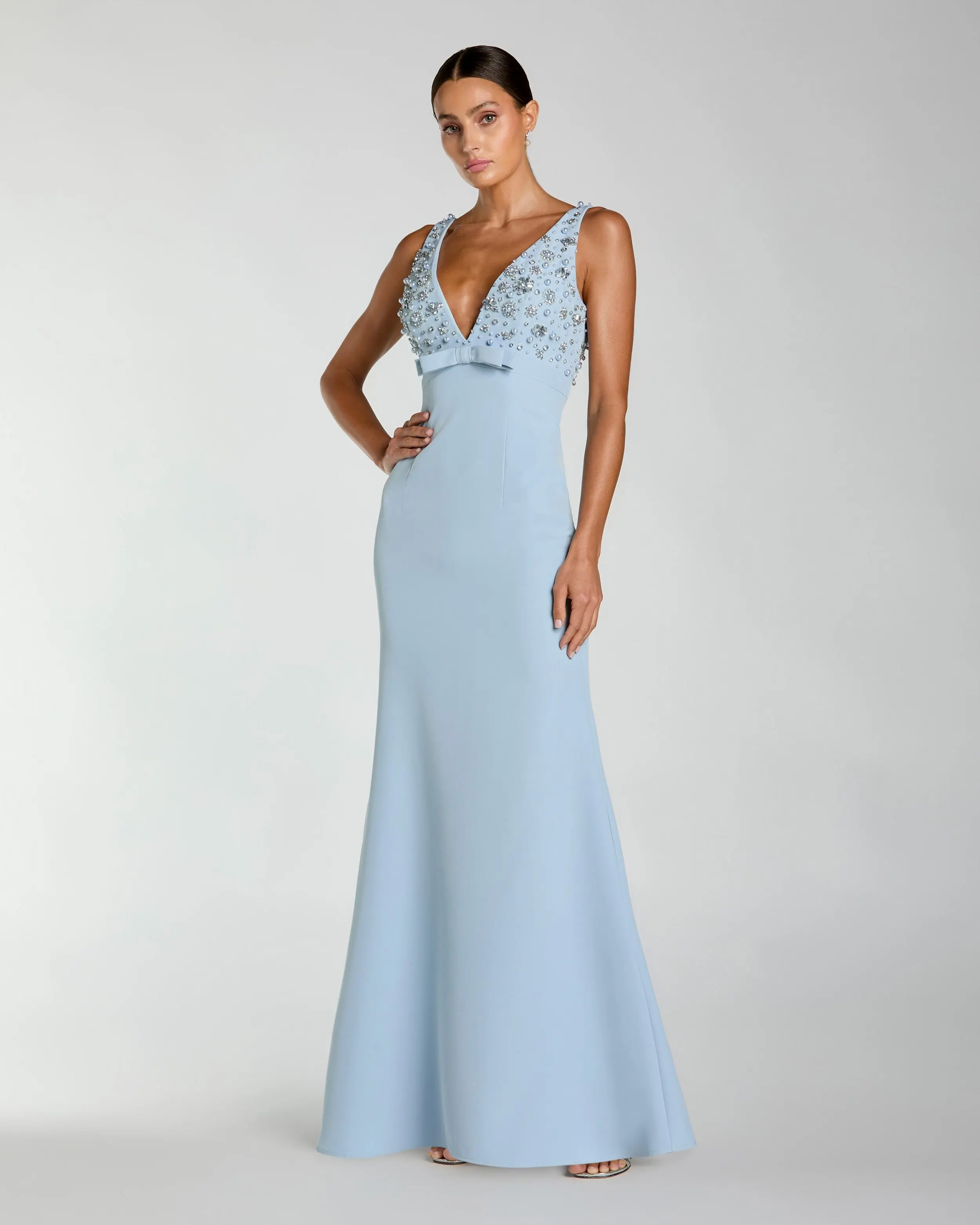 Blue Sleeveless Embellished Crepe Gown With Bow - Special Events Unlimited