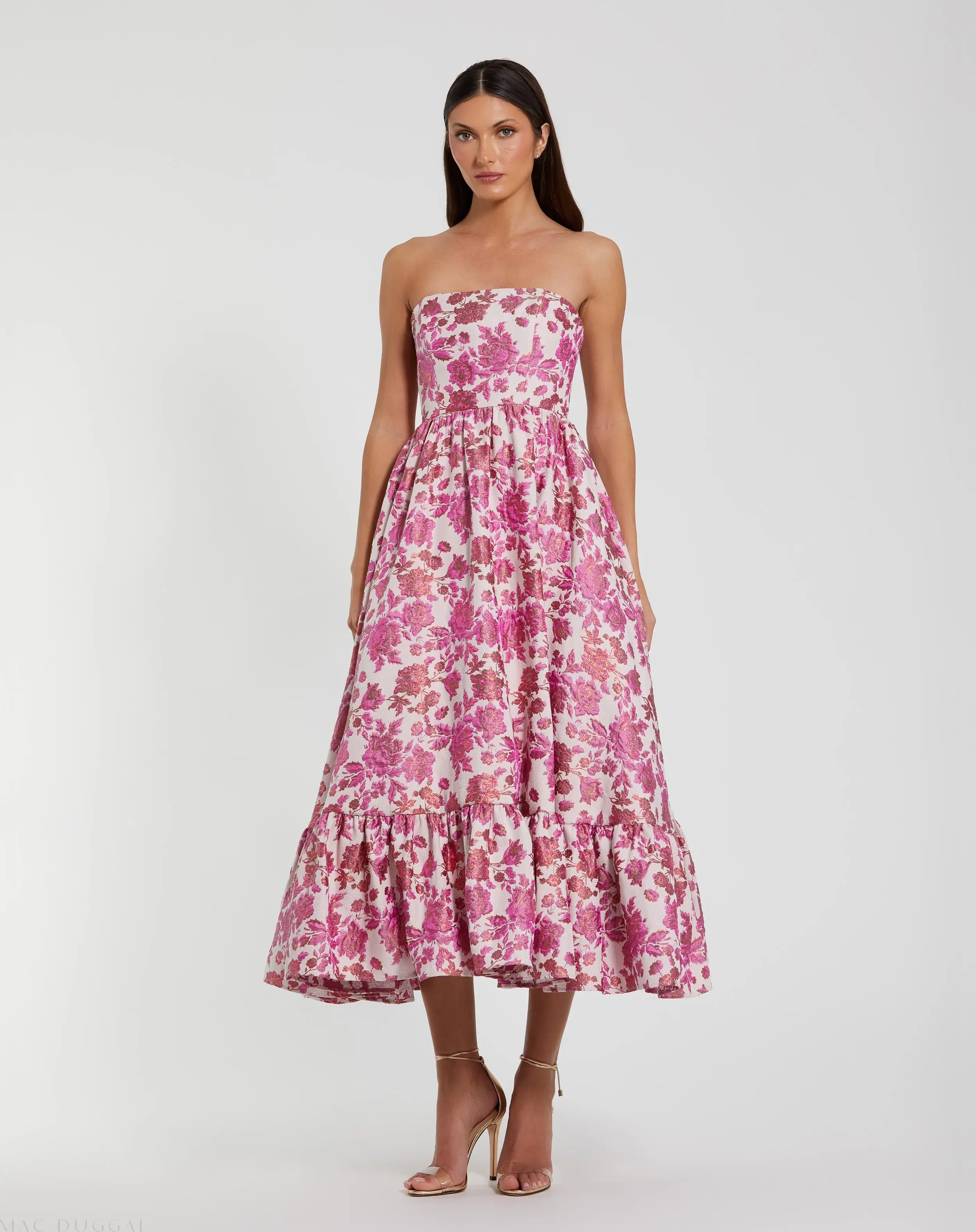 Pink Floral Brocade Strapless A Line Midi Dress - Special Events Unlimited
