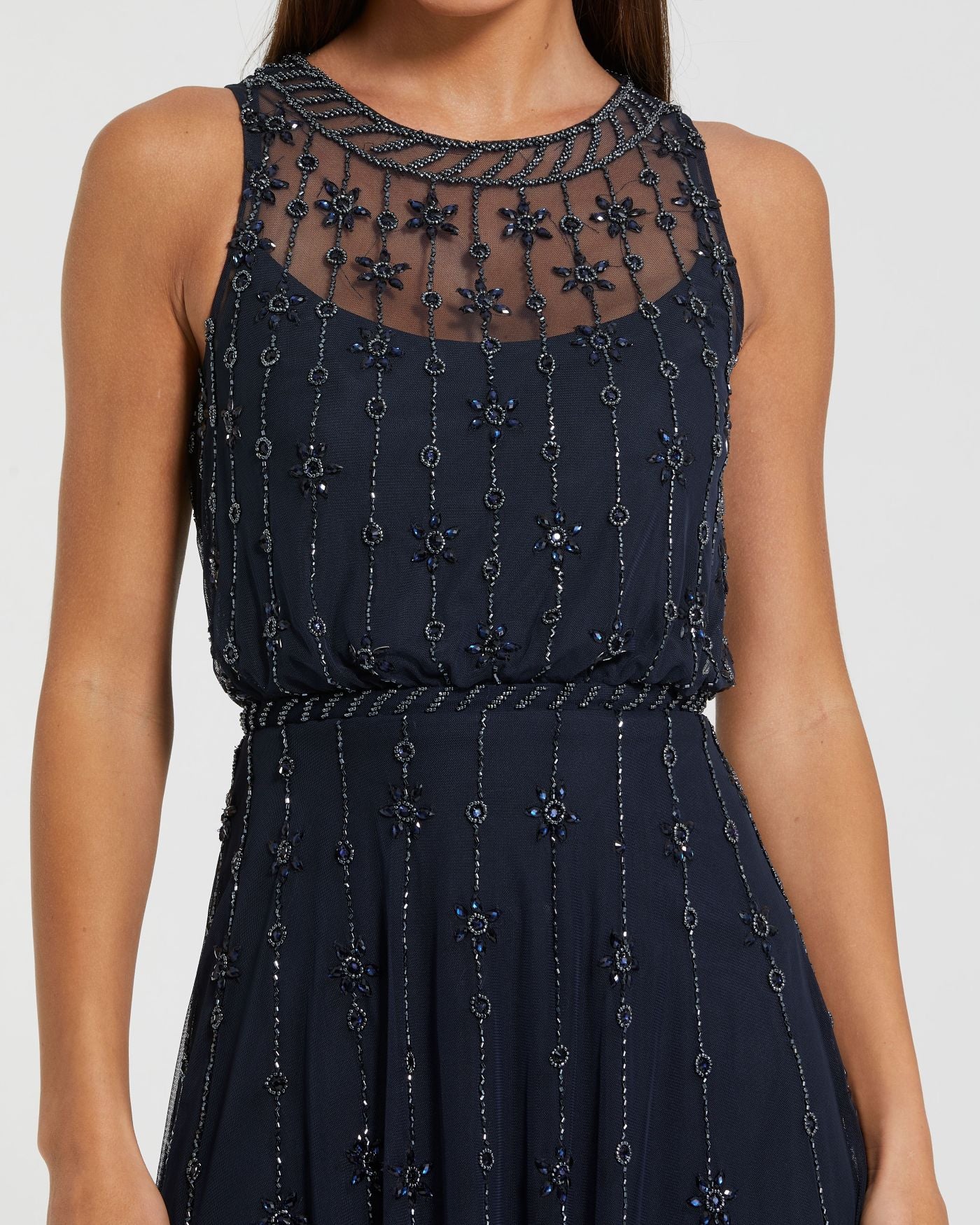 Navy High Neck Sleeveless Embellished A Line Cocktail Dress - Special Events Unlimited