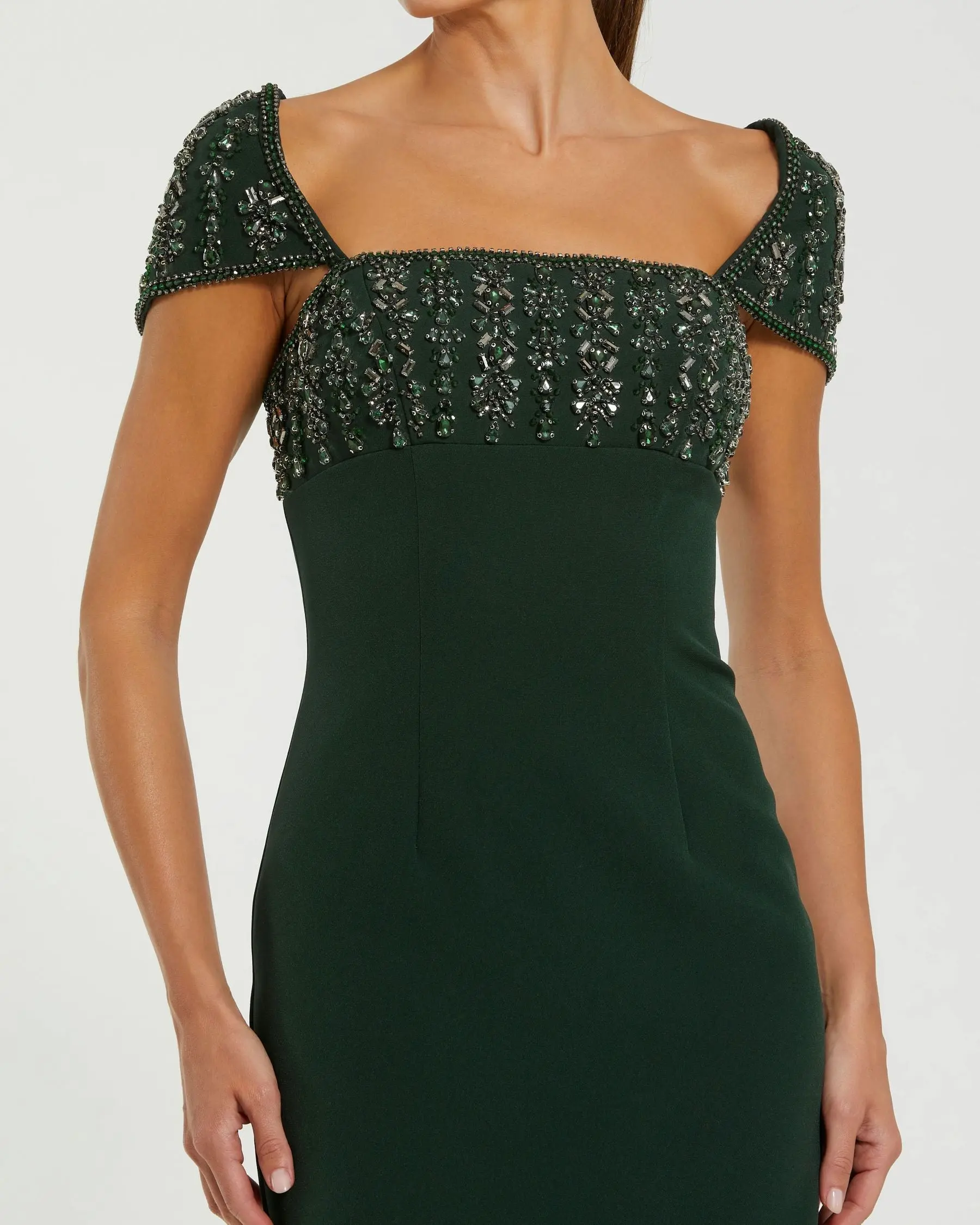 Green Embellished Cap Sleeve Crepe Midi Dress - Special Events Unlimited